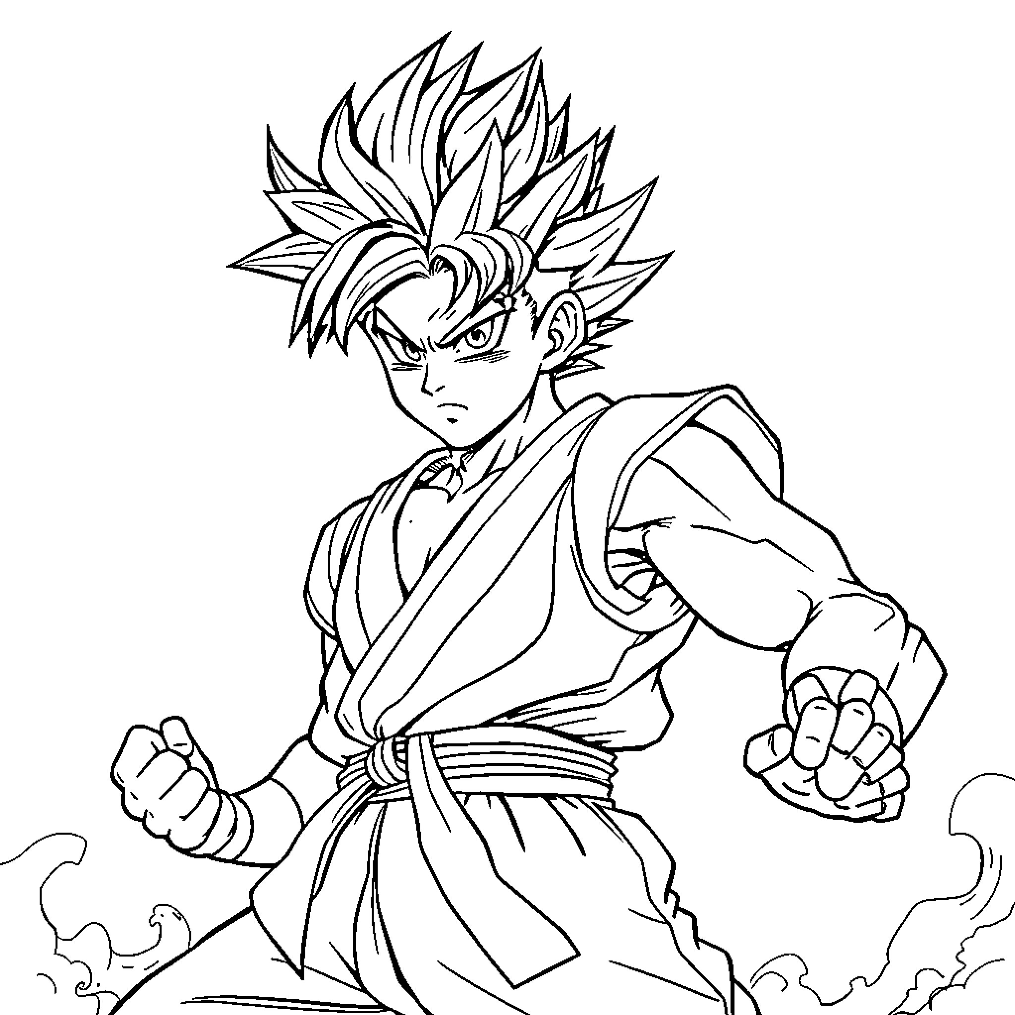 Sangoku in a fierce warrior pose Coloring Page (free black-and-white line drawing printable PDF for all, from beginners to advanced learners, including children, teens, adults, and seniors)
