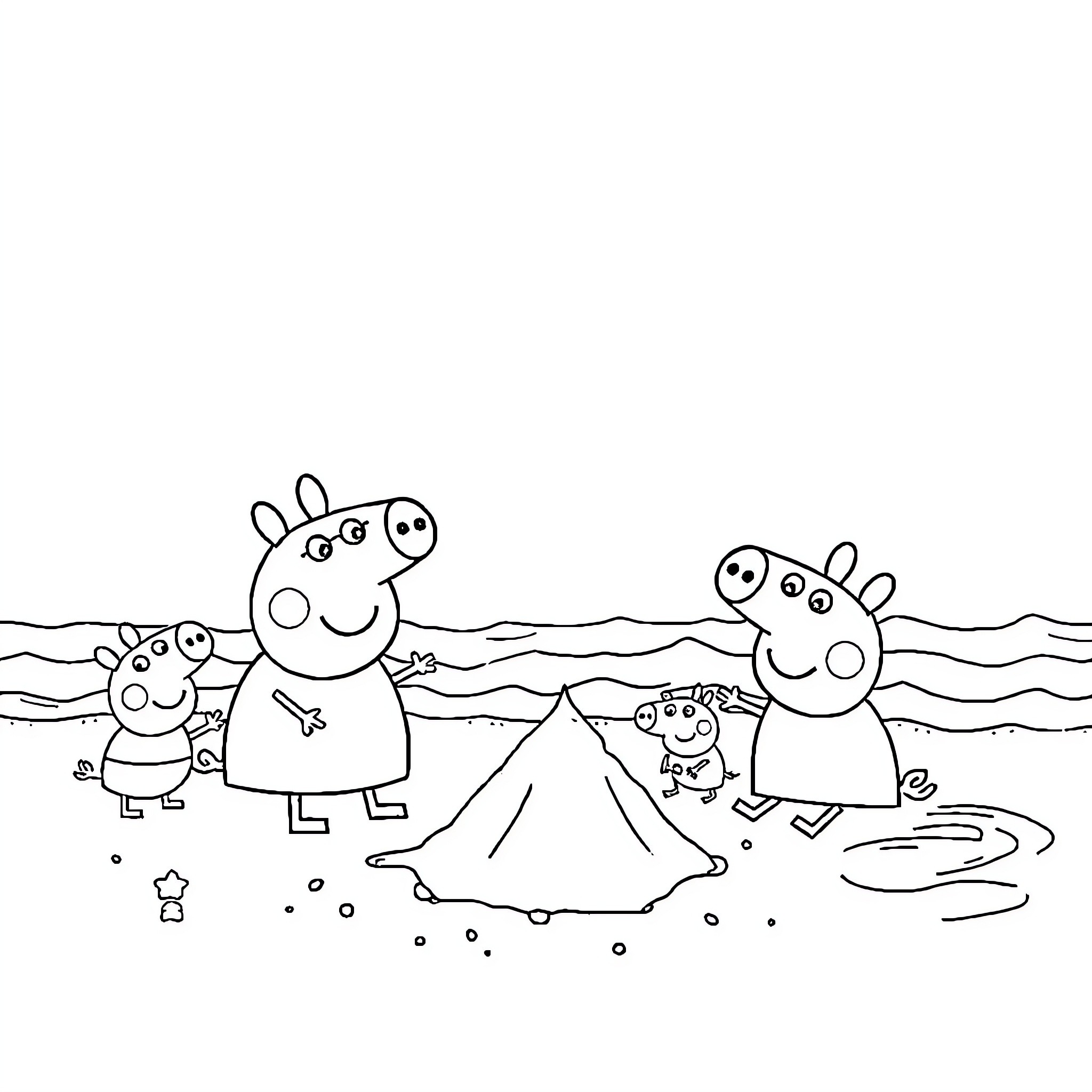 Peppa Pig family enjoying a day at the beach Coloring Page (free black-and-white line drawing printable PDF for all, from beginners to advanced learners, including children, teens, adults, and seniors)