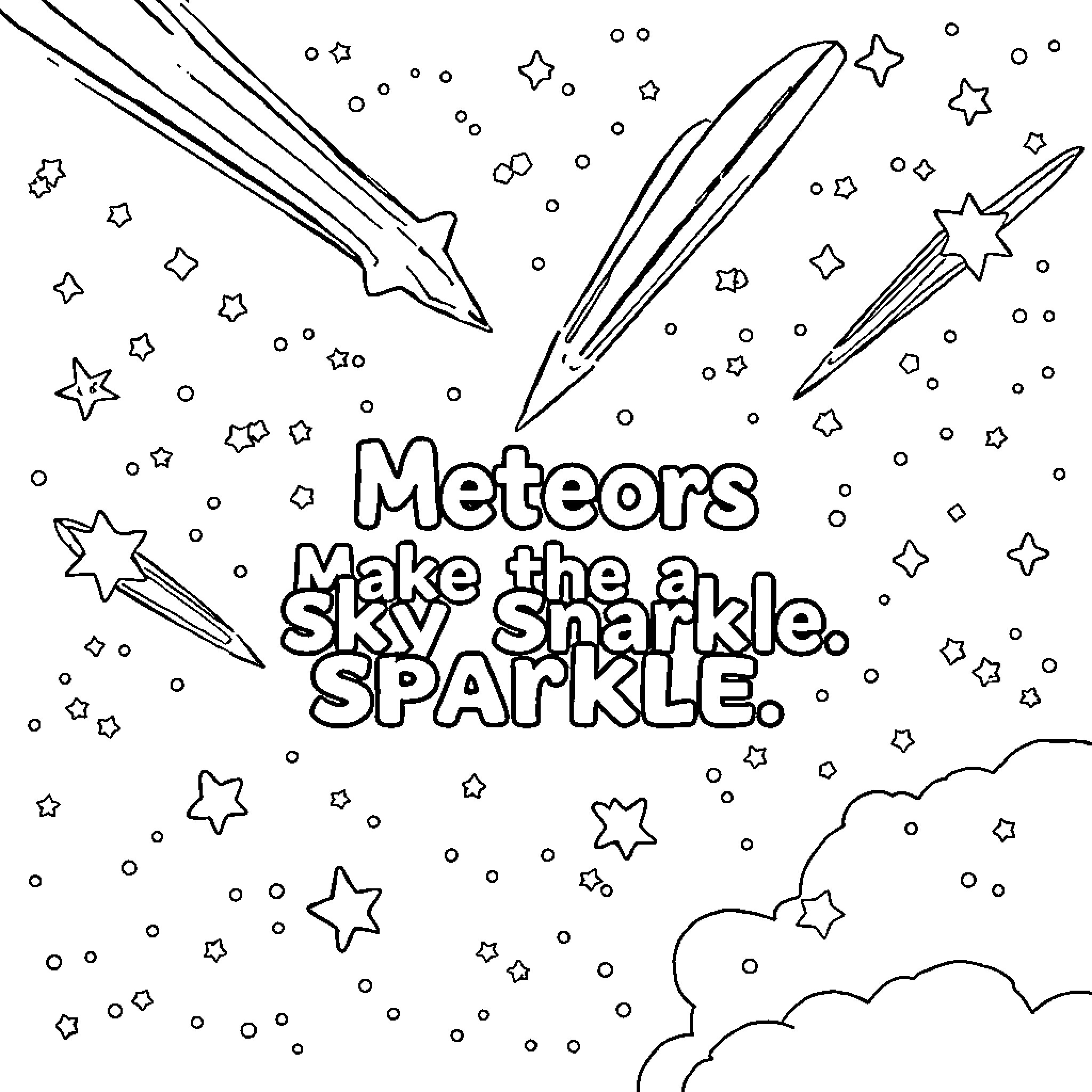 Meteors Make the Sky Sparkle Sparkle Coloring Page (free black-and-white line drawing printable PDF for all, from beginners to advanced learners, including children, teens, adults, and seniors)