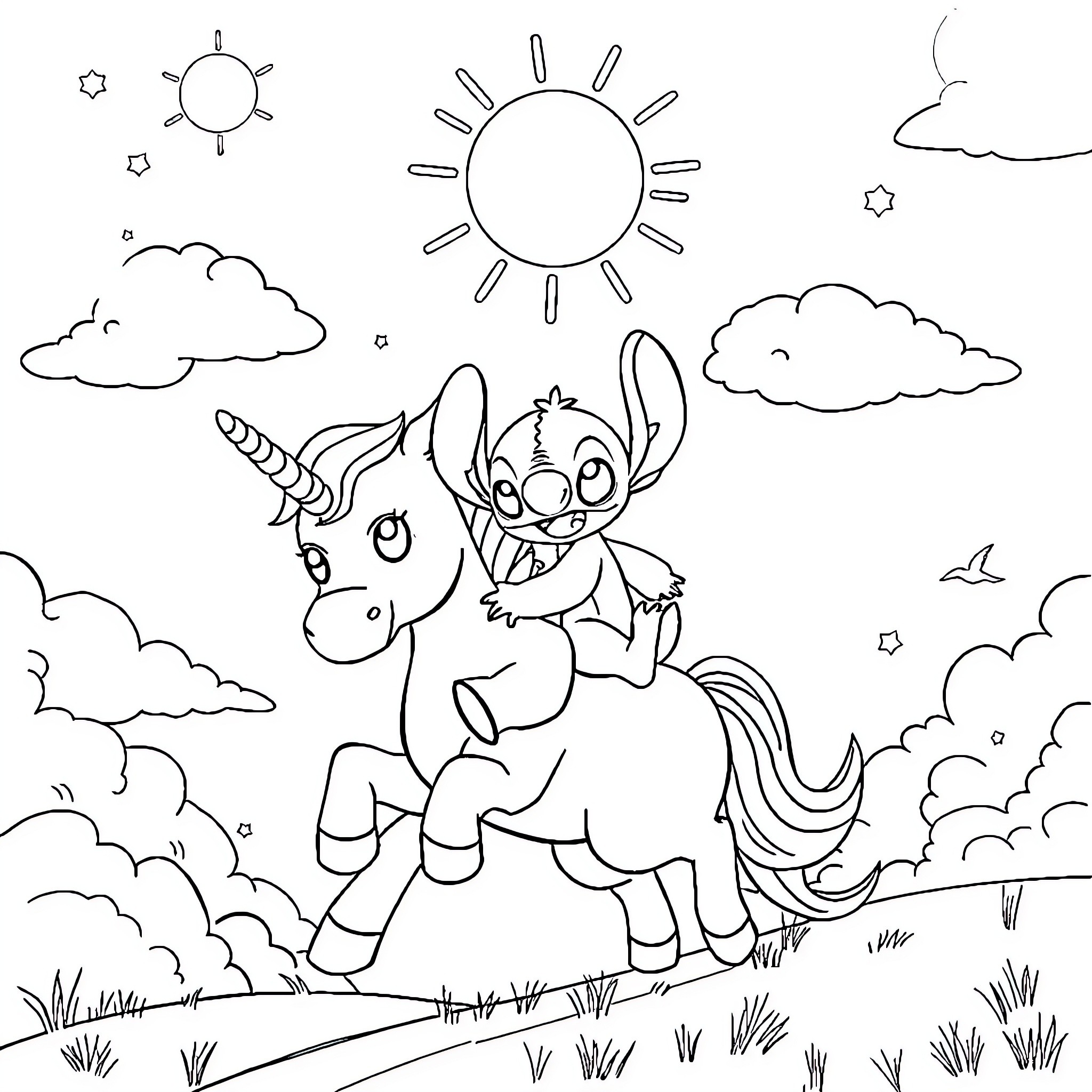 Unicorn and Stitch happily exploring the meadow Coloring Page (free black-and-white line drawing printable PDF for all, from beginners to advanced learners, including children, teens, adults, and seniors)
