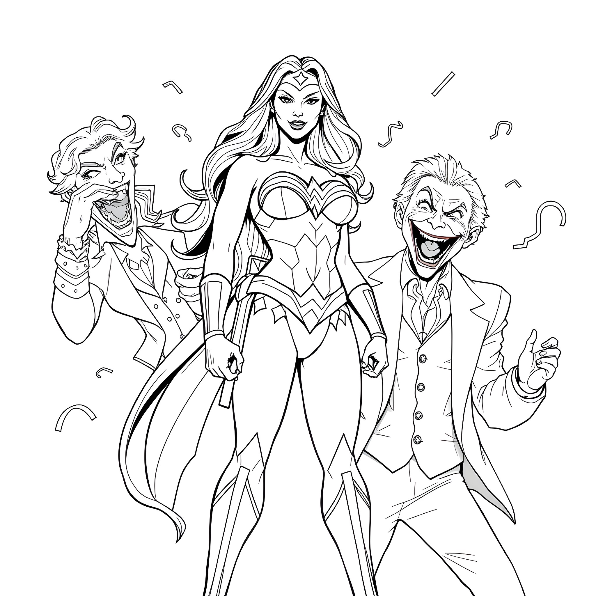 Wonder Woman's Heroic Confrontation with Villainous Foes Coloring Page (free black-and-white line drawing printable PDF for all, from beginners to advanced learners, including children, teens, adults, and seniors)