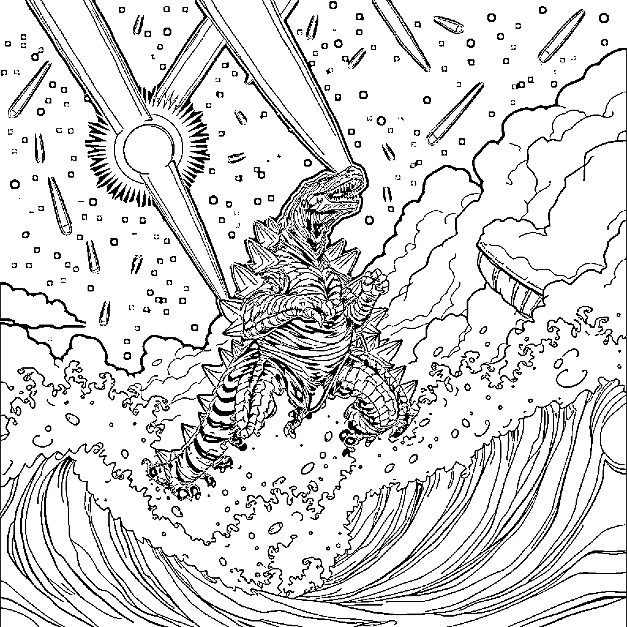Godzilla rising from the crashing waves Coloring Page (free black-and-white line drawing printable PDF for all, from beginners to advanced learners, including children, teens, adults, and seniors)