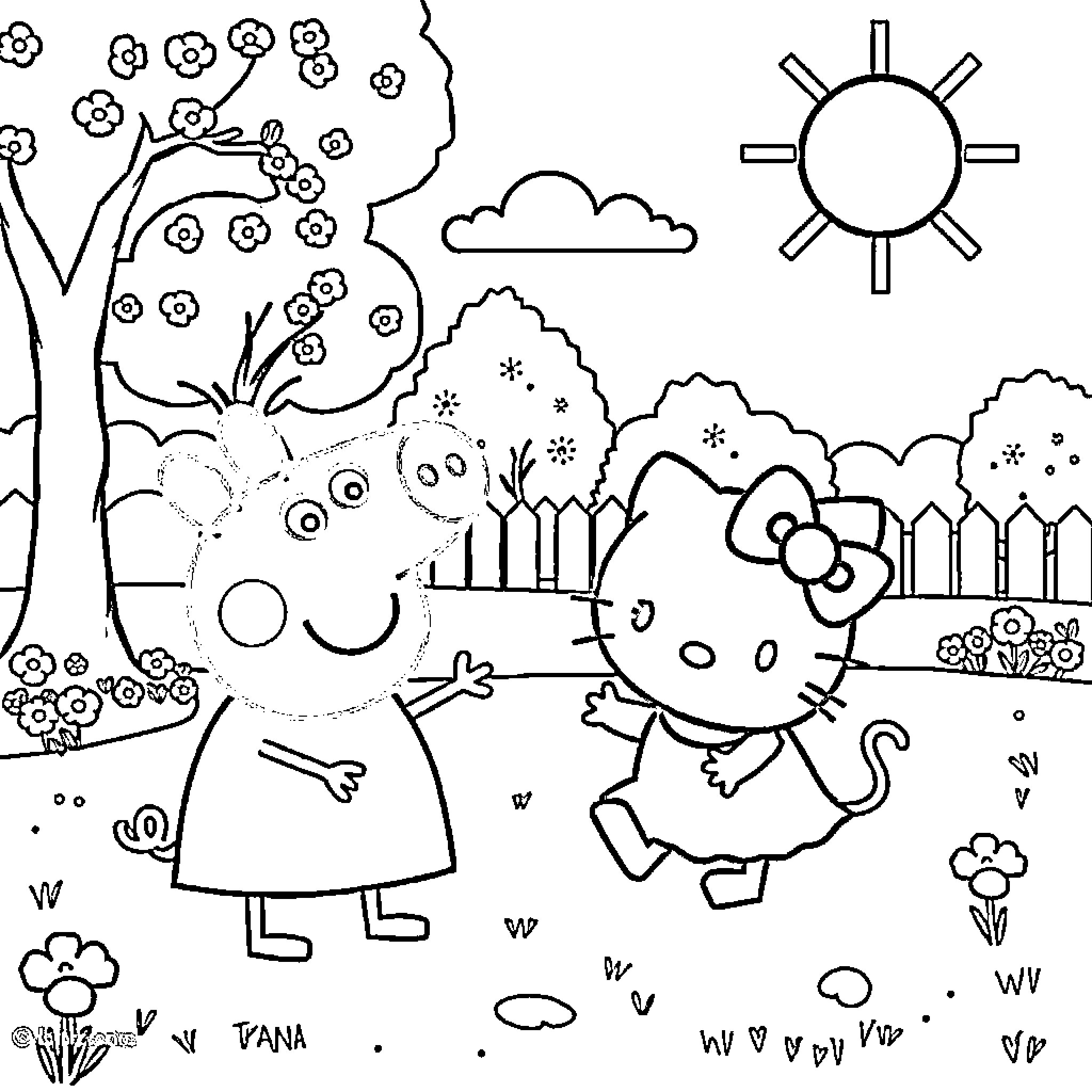 Peppa Pig and Friends Enjoy the Outdoors Coloring Page (free black-and-white line drawing printable PDF for all, from beginners to advanced learners, including children, teens, adults, and seniors)