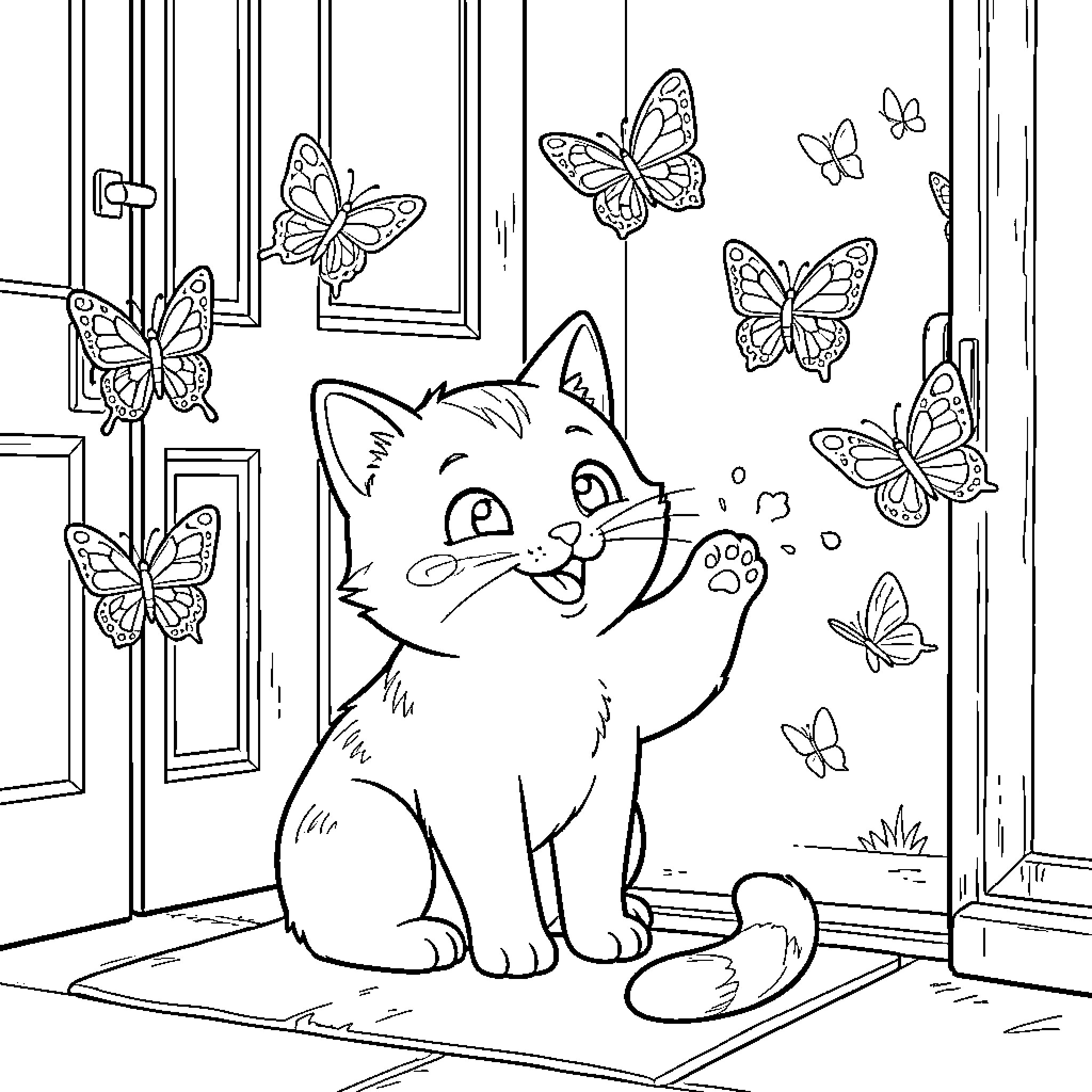 Gato playing with butterflies in the home Coloring Page (free black-and-white line drawing printable PDF for all, from beginners to advanced learners, including children, teens, adults, and seniors)