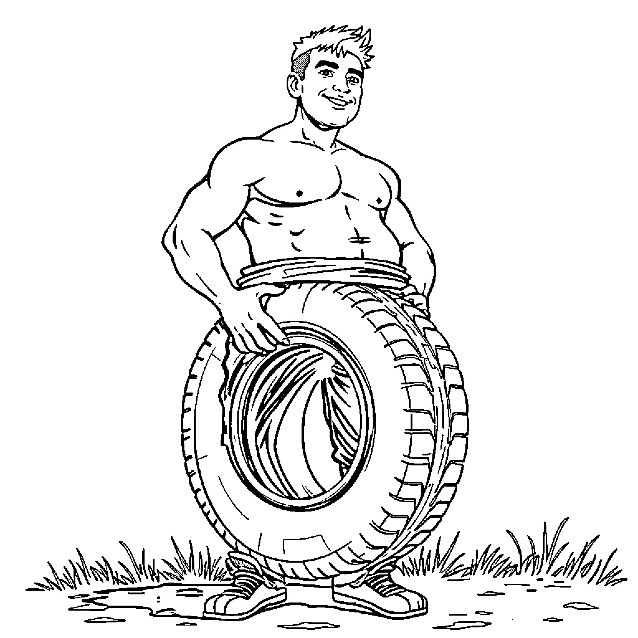 Man holding and rolling large tire outdoors Coloring Page (free black-and-white line drawing printable PDF for all, from beginners to advanced learners, including children, teens, adults, and seniors)