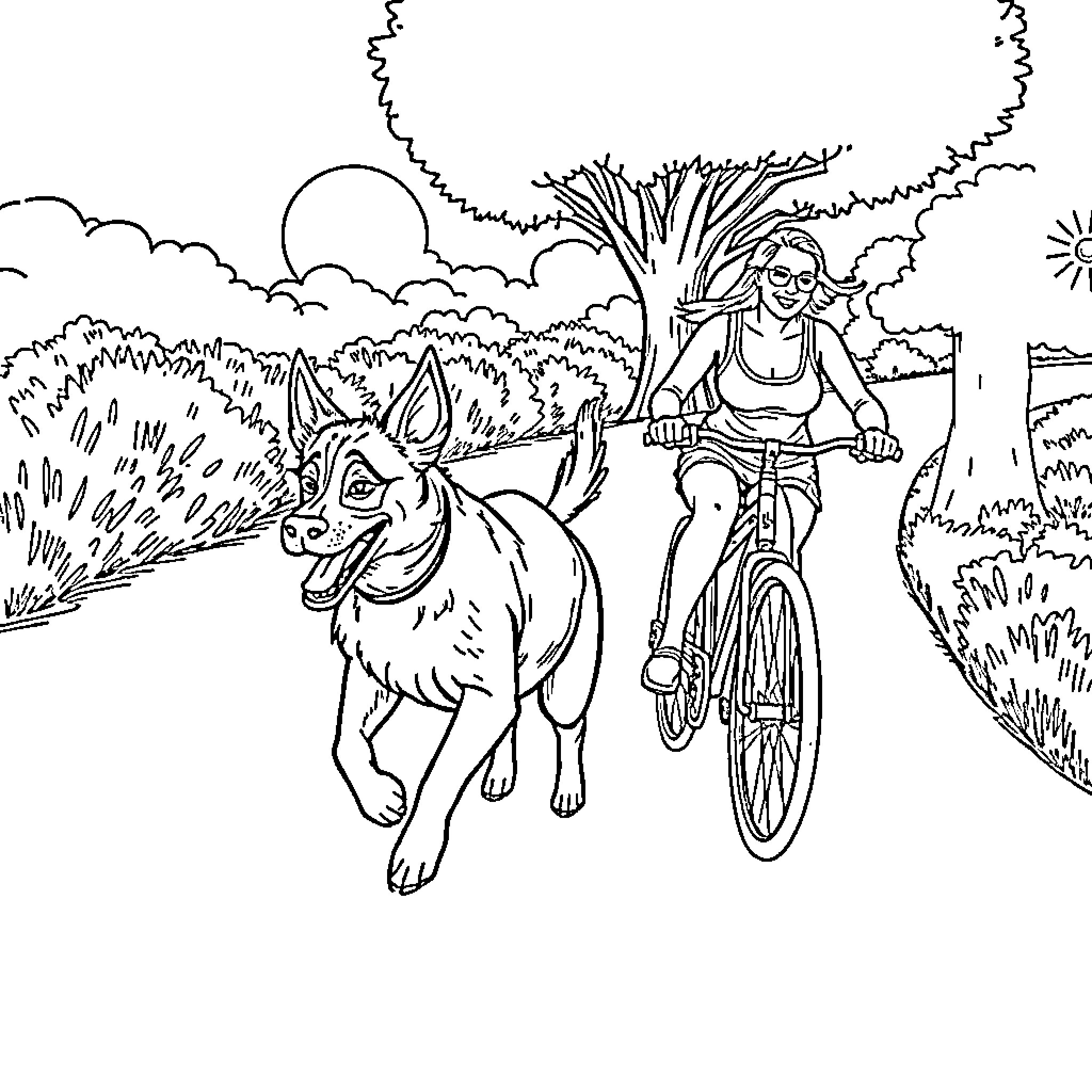 Queensland Heeler companion on a nature adventure Coloring Page (free black-and-white line drawing printable PDF for all, from beginners to advanced learners, including children, teens, adults, and seniors)