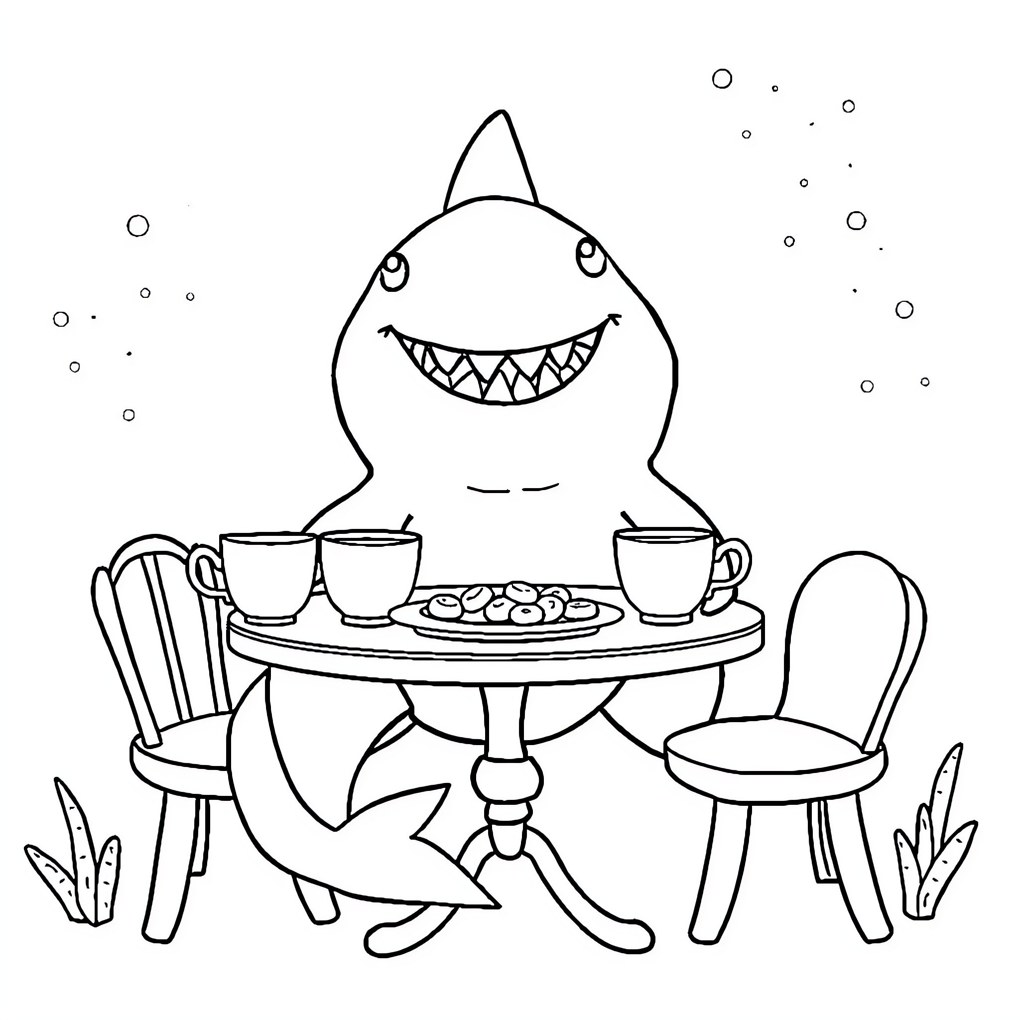 Shark enjoying teatime with friends Coloring Page (free black-and-white line drawing printable PDF for all, from beginners to advanced learners, including children, teens, adults, and seniors)