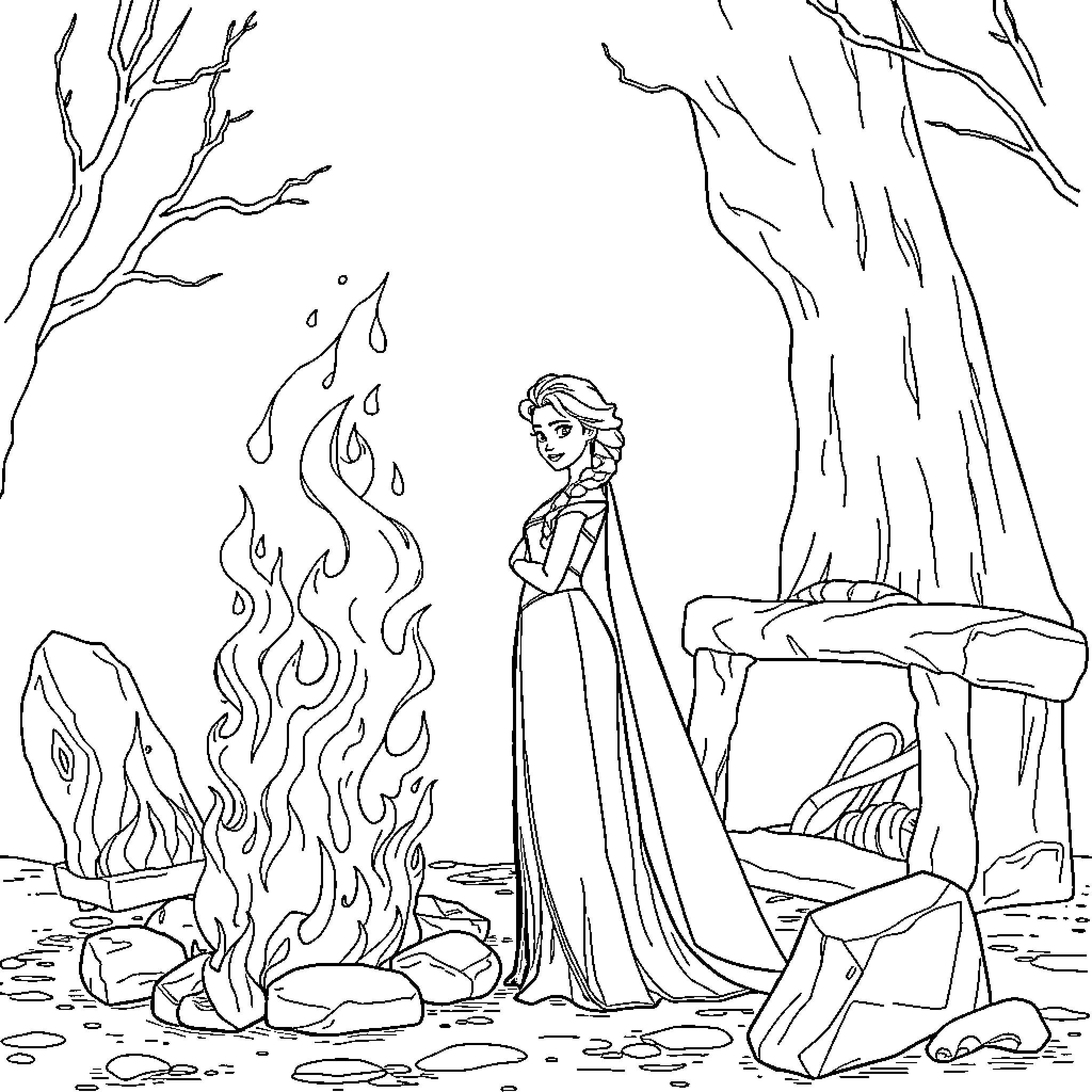 Elsa standing in front of a roaring fire in the woods Coloring Page (free black-and-white line drawing printable PDF for all, from beginners to advanced learners, including children, teens, adults, and seniors)
