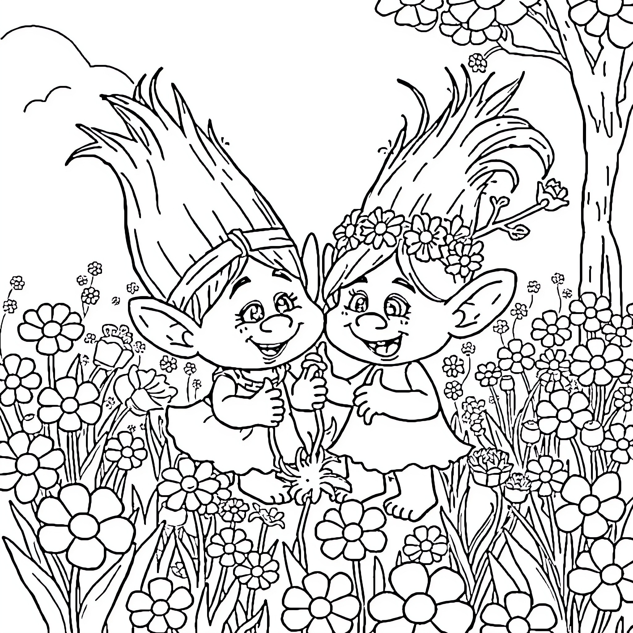 Troll friends explore the whimsical flower garden Coloring Page (free black-and-white line drawing printable PDF for all, from beginners to advanced learners, including children, teens, adults, and seniors)