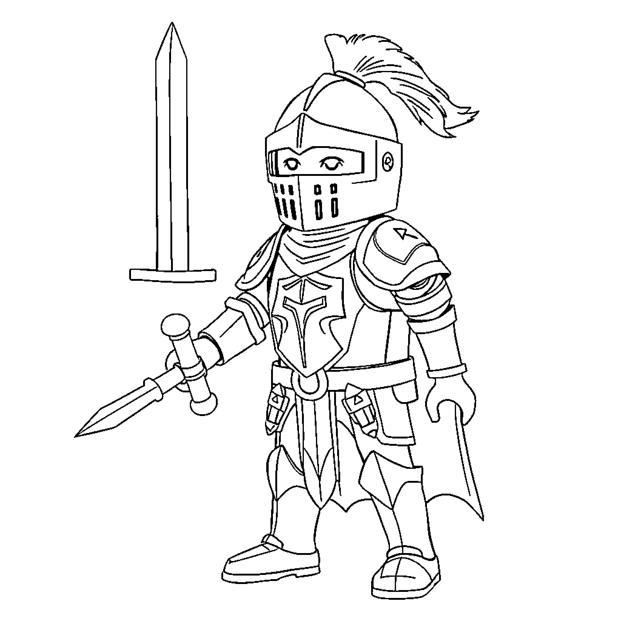 Knight in armored uniform wielding sword Coloring Page (free black-and-white line drawing printable PDF for all, from beginners to advanced learners, including children, teens, adults, and seniors)