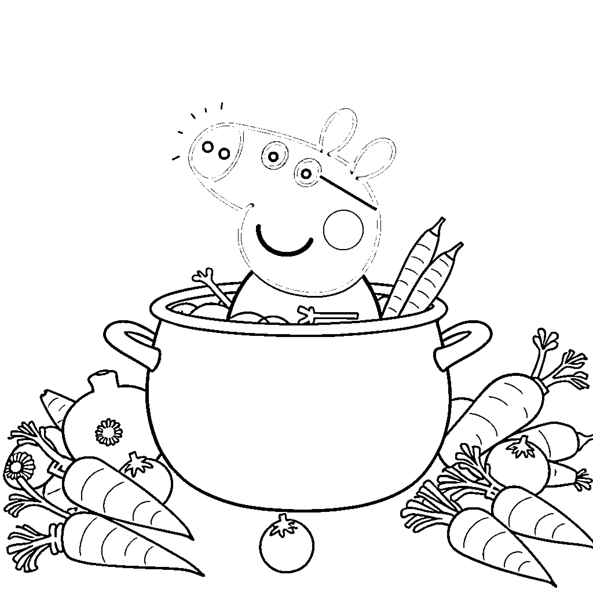 Peppa Pig cooking with vegetables in the kitchen Coloring Page (free black-and-white line drawing printable PDF for all, from beginners to advanced learners, including children, teens, adults, and seniors)