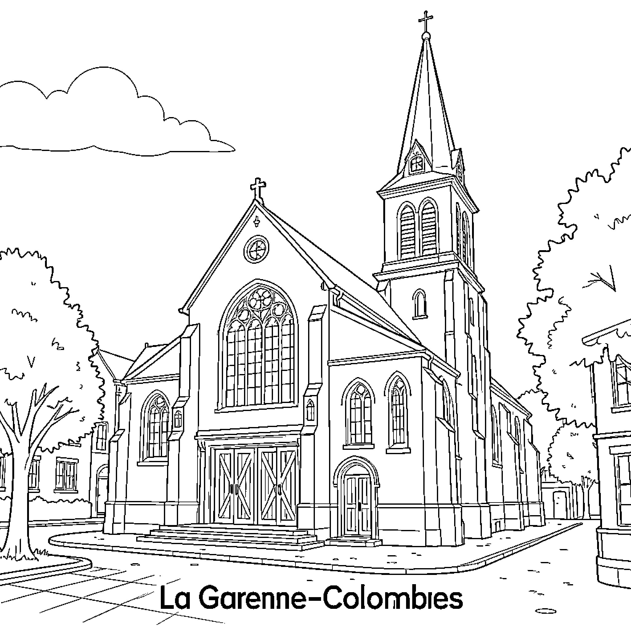 Church standing tall amidst trees and a quiet street Coloring Page (free black-and-white line drawing printable PDF for all, from beginners to advanced learners, including children, teens, adults, and seniors)