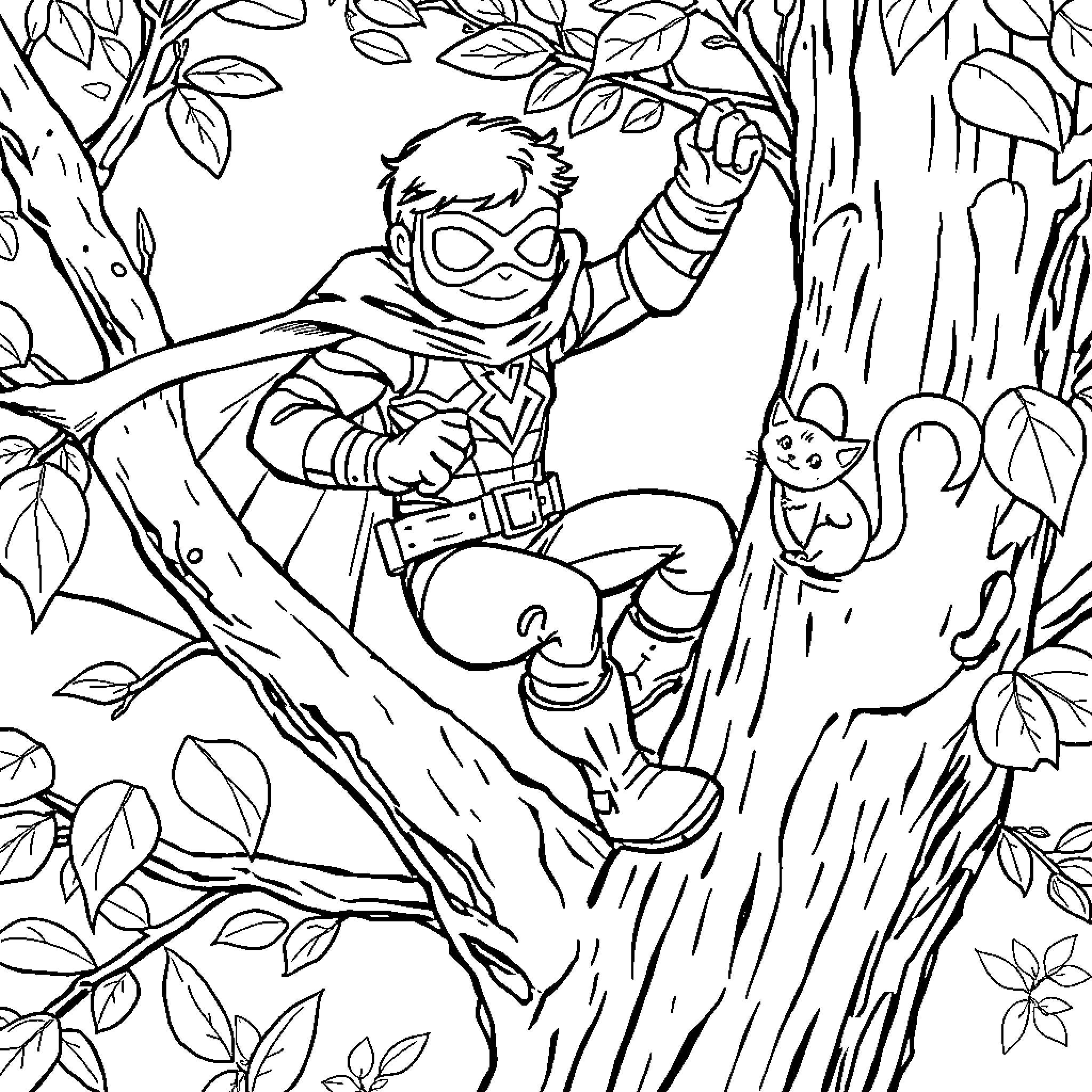 Superhero Swinging Through Enchanted Forest Coloring Page (free black-and-white line drawing printable PDF for all, from beginners to advanced learners, including children, teens, adults, and seniors)