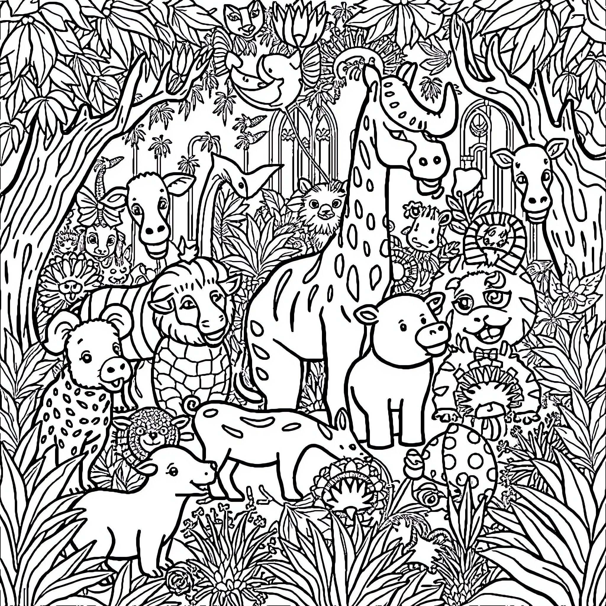 Animal Friends in the Jungle Coloring Page (free black-and-white line drawing printable PDF for all, from beginners to advanced learners, including children, teens, adults, and seniors)