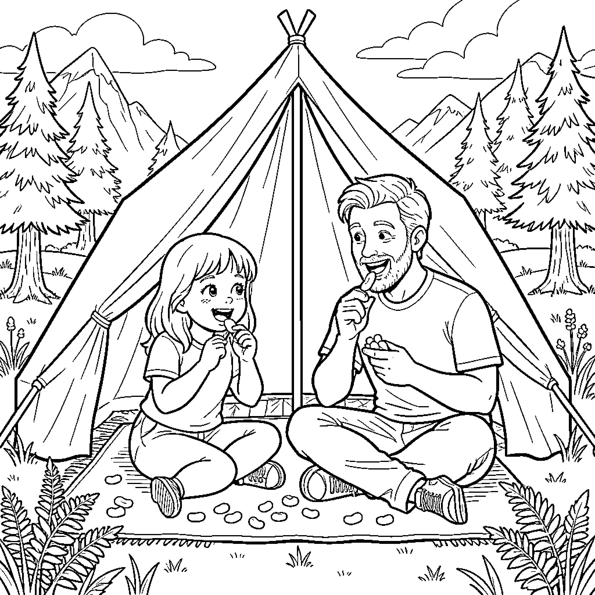 Camping trip with a father and daughter eating snacks Coloring Page (free black-and-white line drawing printable PDF for all, from beginners to advanced learners, including children, teens, adults, and seniors)