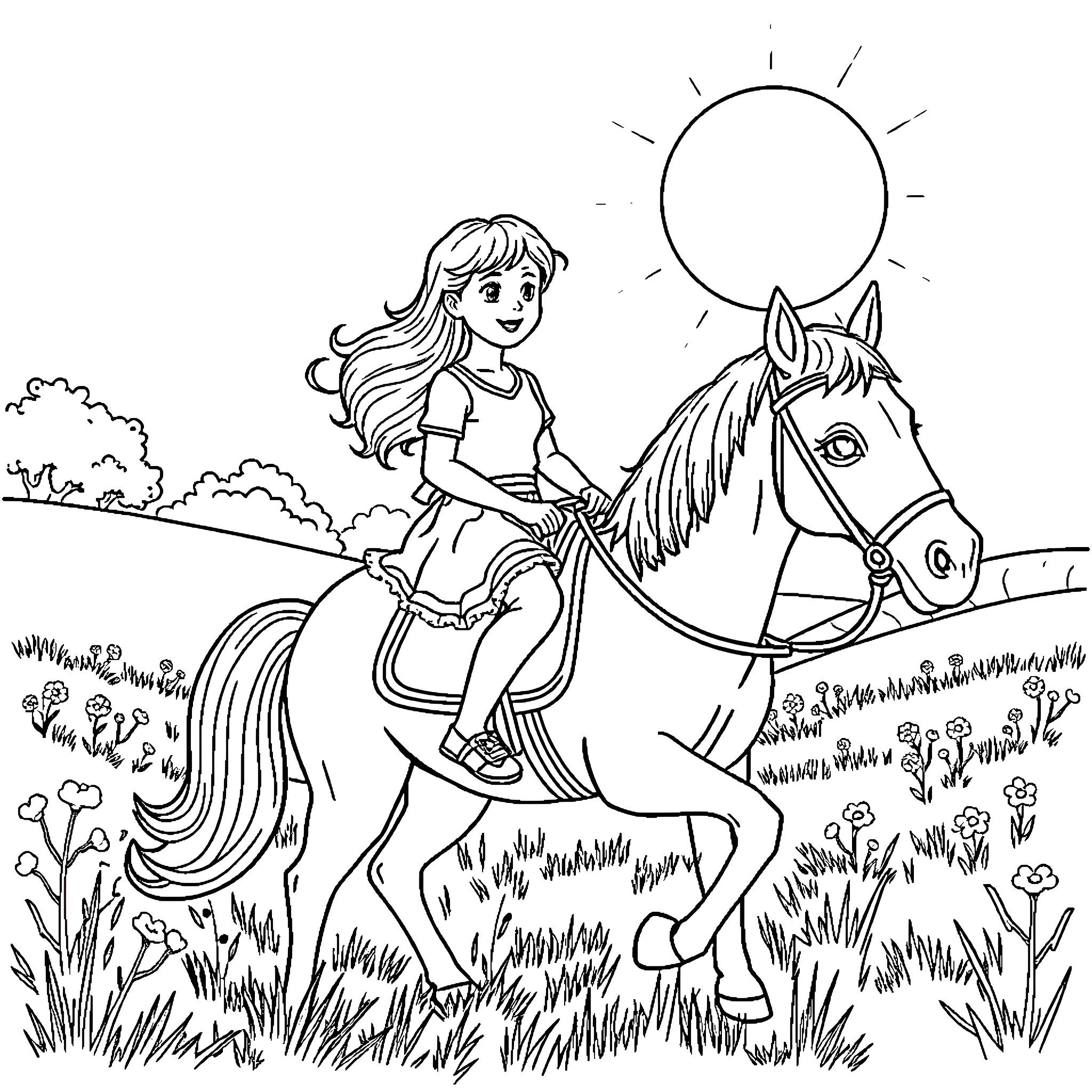 Girl riding horse through scenic countryside Coloring Page (free black-and-white line drawing printable PDF for all, from beginners to advanced learners, including children, teens, adults, and seniors)