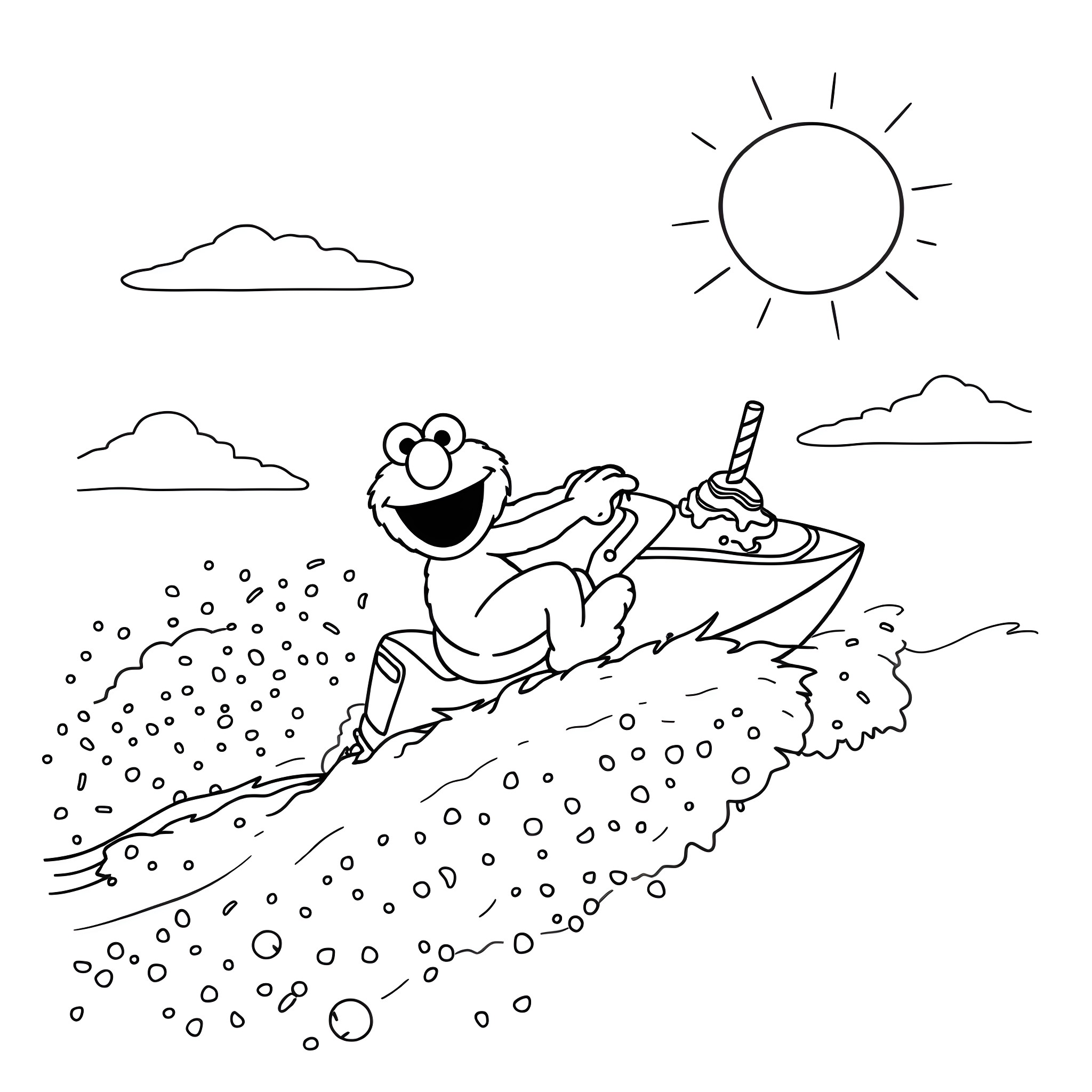 Elmo riding a surfboard in the ocean Coloring Page (free black-and-white line drawing printable PDF for all, from beginners to advanced learners, including children, teens, adults, and seniors)