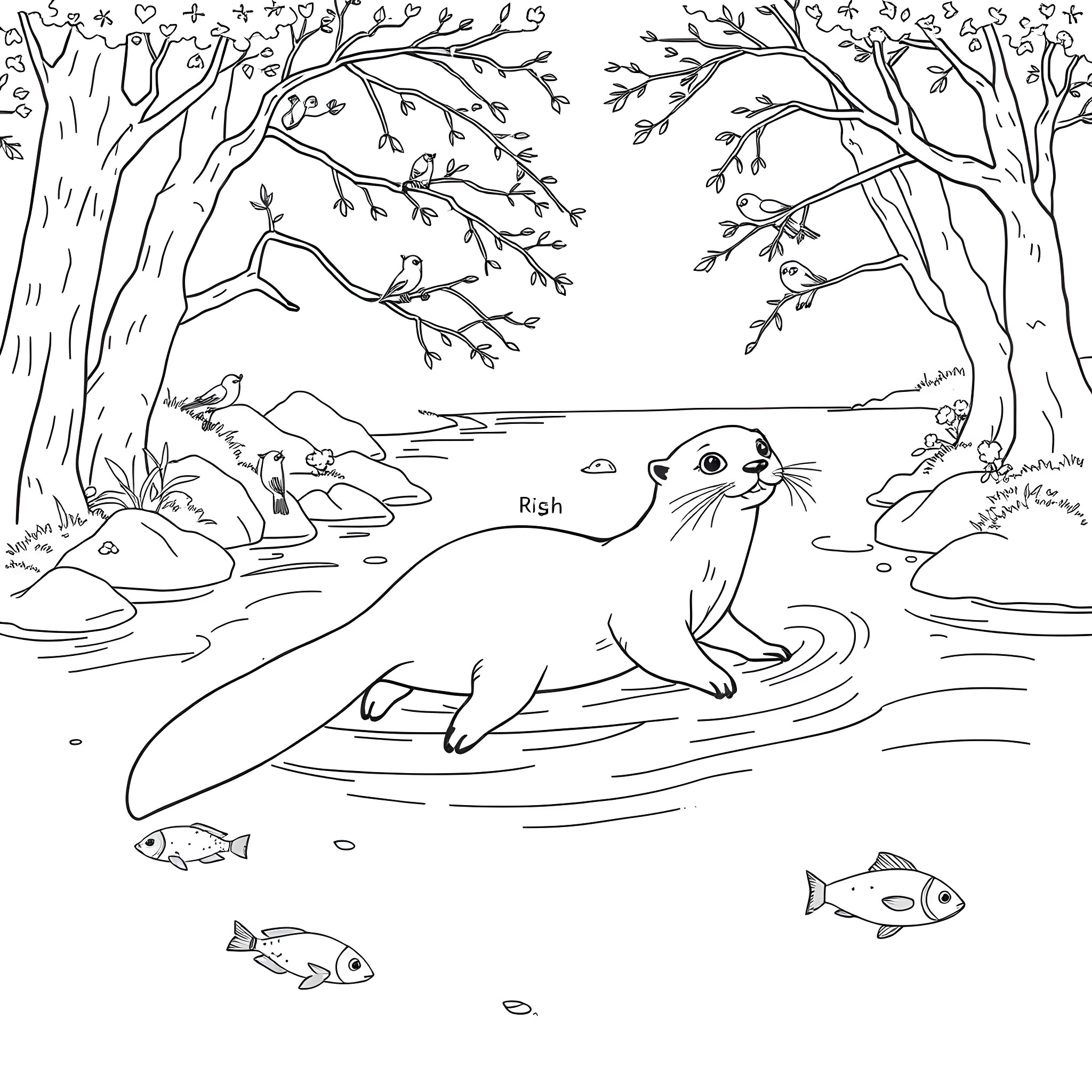 Otter swimming playfully in the tranquil forest pond Coloring Page (free black-and-white line drawing printable PDF for all, from beginners to advanced learners, including children, teens, adults, and seniors)