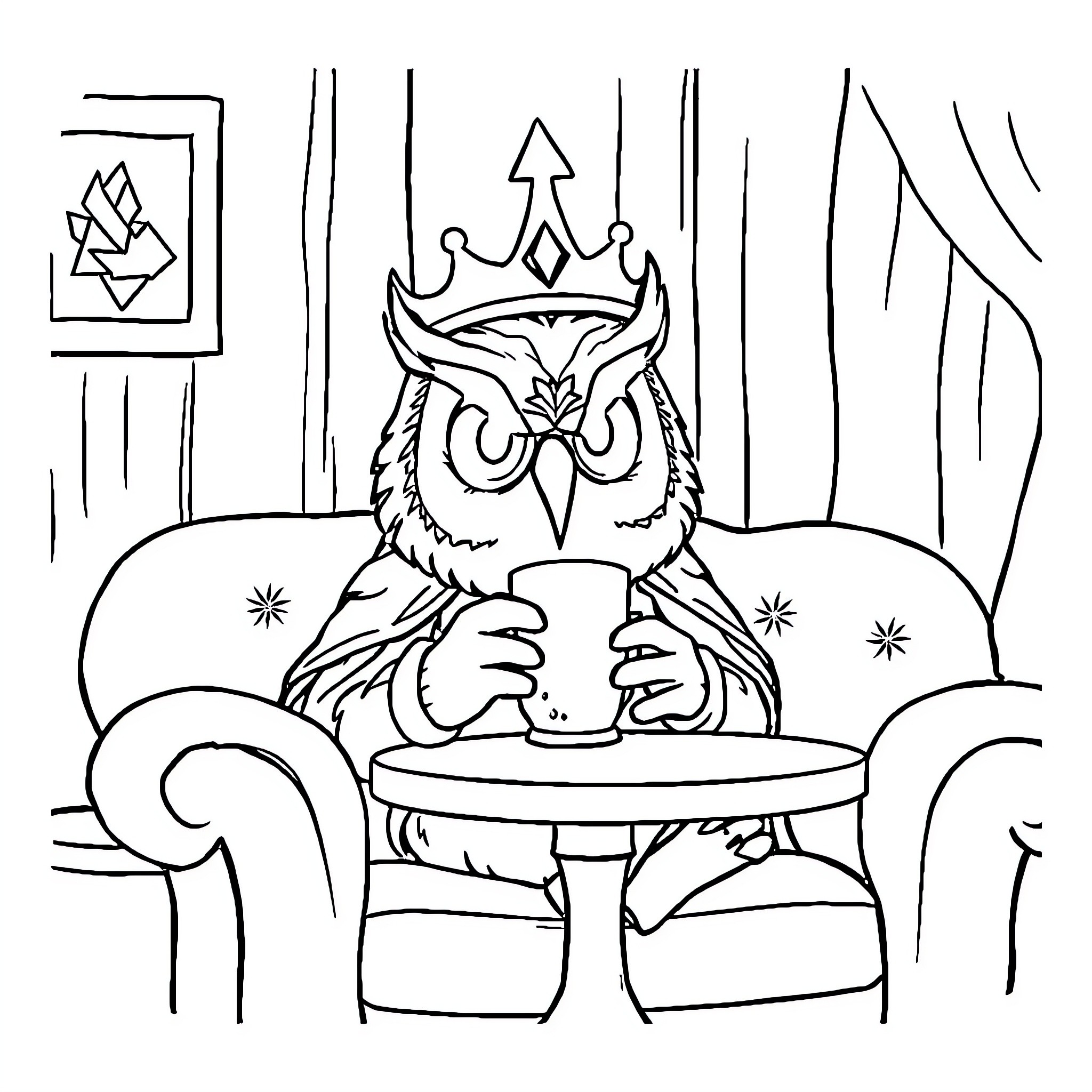 King Owl Sipping Tea in Regal Room Coloring Page (free black-and-white line drawing printable PDF for all, from beginners to advanced learners, including children, teens, adults, and seniors)