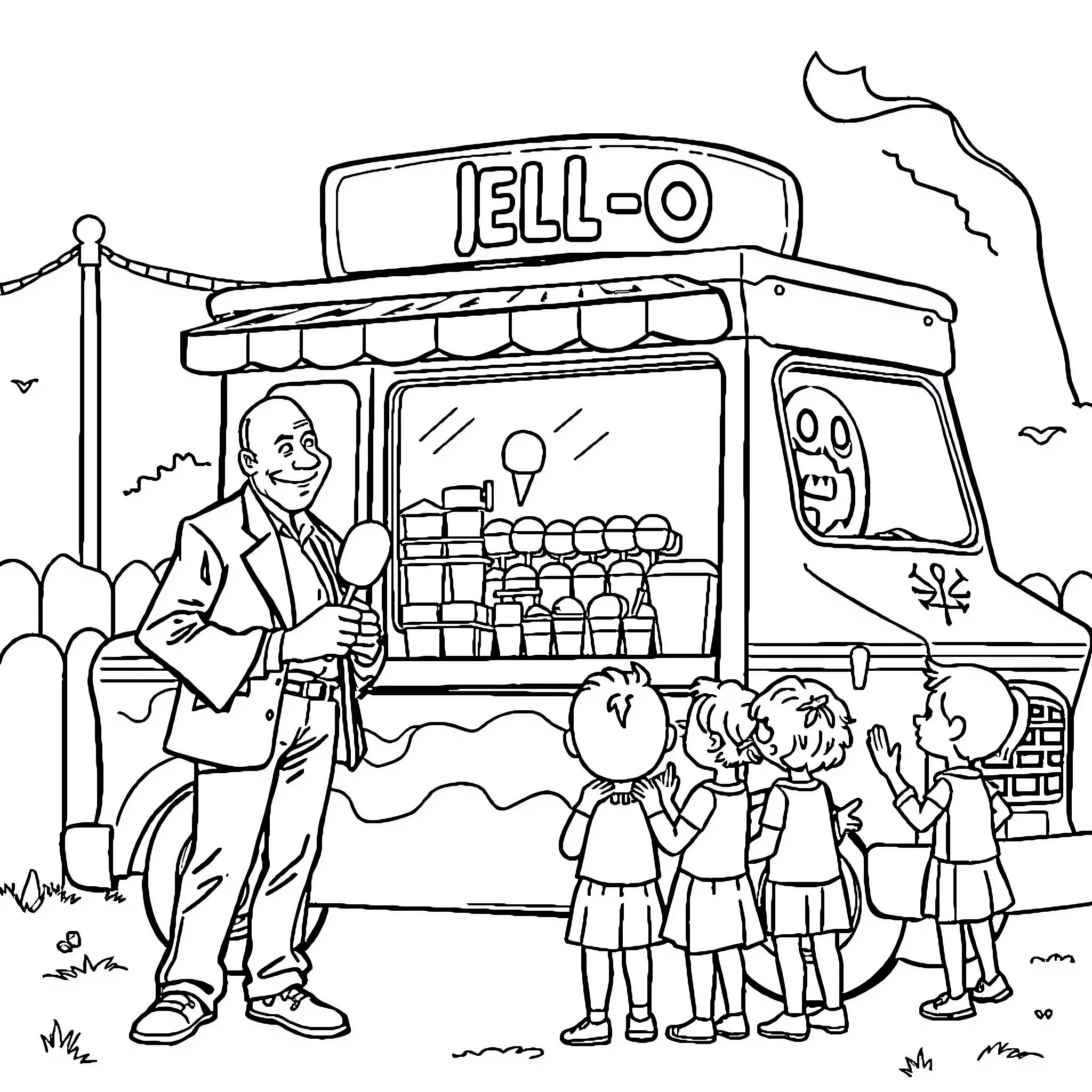 Bill Cosby Interacting with Children at a Jell-O Stand Coloring Page (free black-and-white line drawing printable PDF for all, from beginners to advanced learners, including children, teens, adults, and seniors)