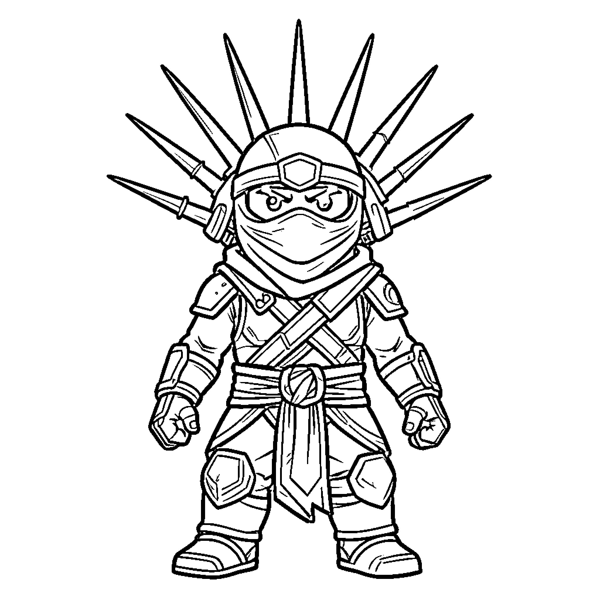 Ninjago warrior wearing spiked helmet and armored suit Coloring Page (free black-and-white line drawing printable PDF for all, from beginners to advanced learners, including children, teens, adults, and seniors)