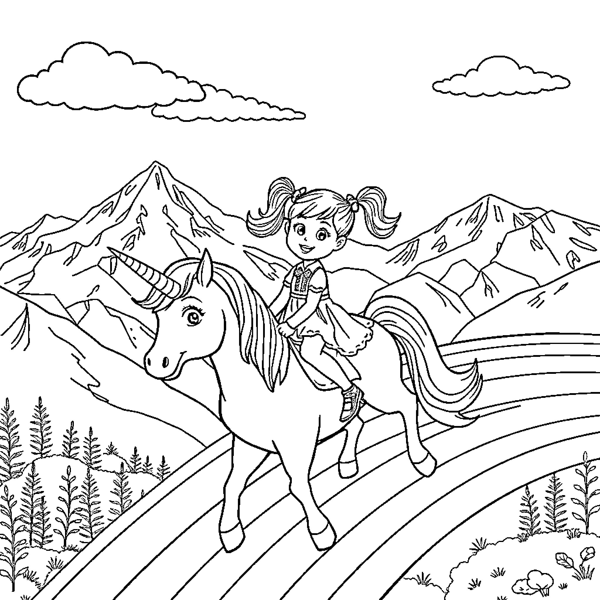 Unicorn and girl exploring mountain landscape Coloring Page (free black-and-white line drawing printable PDF for all, from beginners to advanced learners, including children, teens, adults, and seniors)