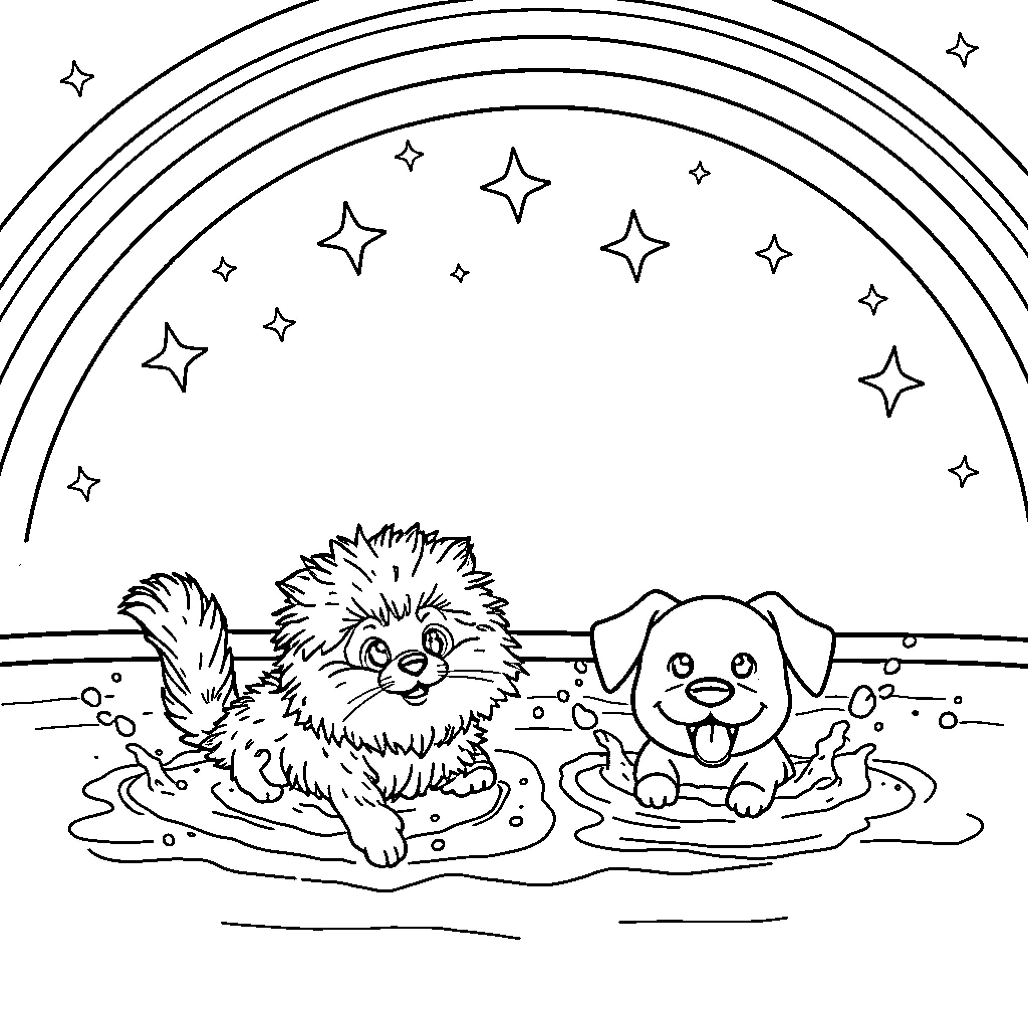Cat and dog playing in the rain under a rainbow Coloring Page (free black-and-white line drawing printable PDF for all, from beginners to advanced learners, including children, teens, adults, and seniors)
