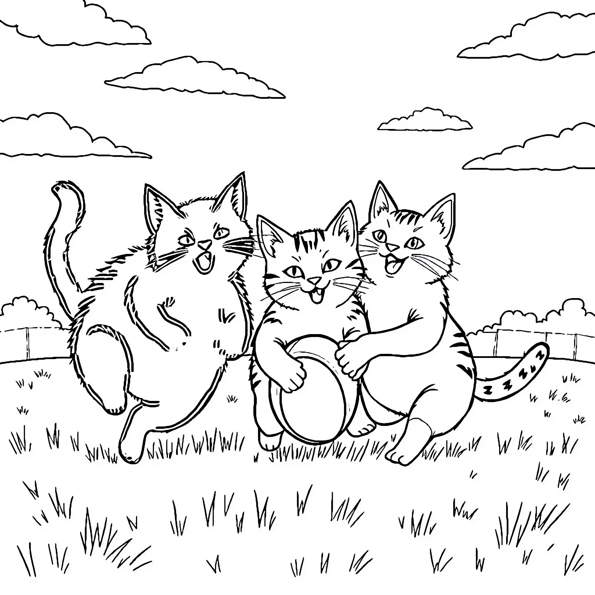 Cats playing joyfully in a grassy field Coloring Page (free black-and-white line drawing printable PDF for all, from beginners to advanced learners, including children, teens, adults, and seniors)
