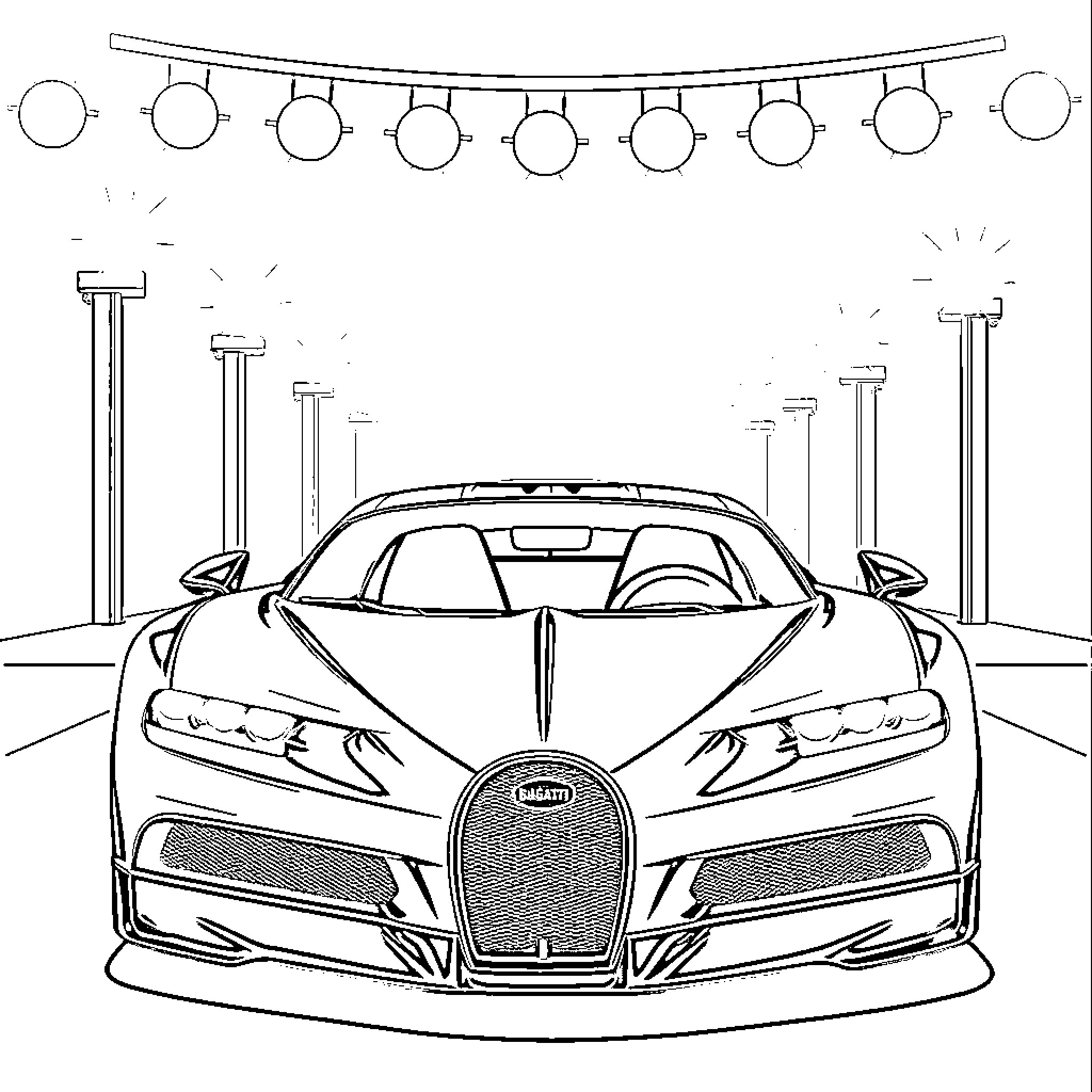 Bugatti hypercar showcased in elegant showroom Coloring Page (free black-and-white line drawing printable PDF for all, from beginners to advanced learners, including children, teens, adults, and seniors)