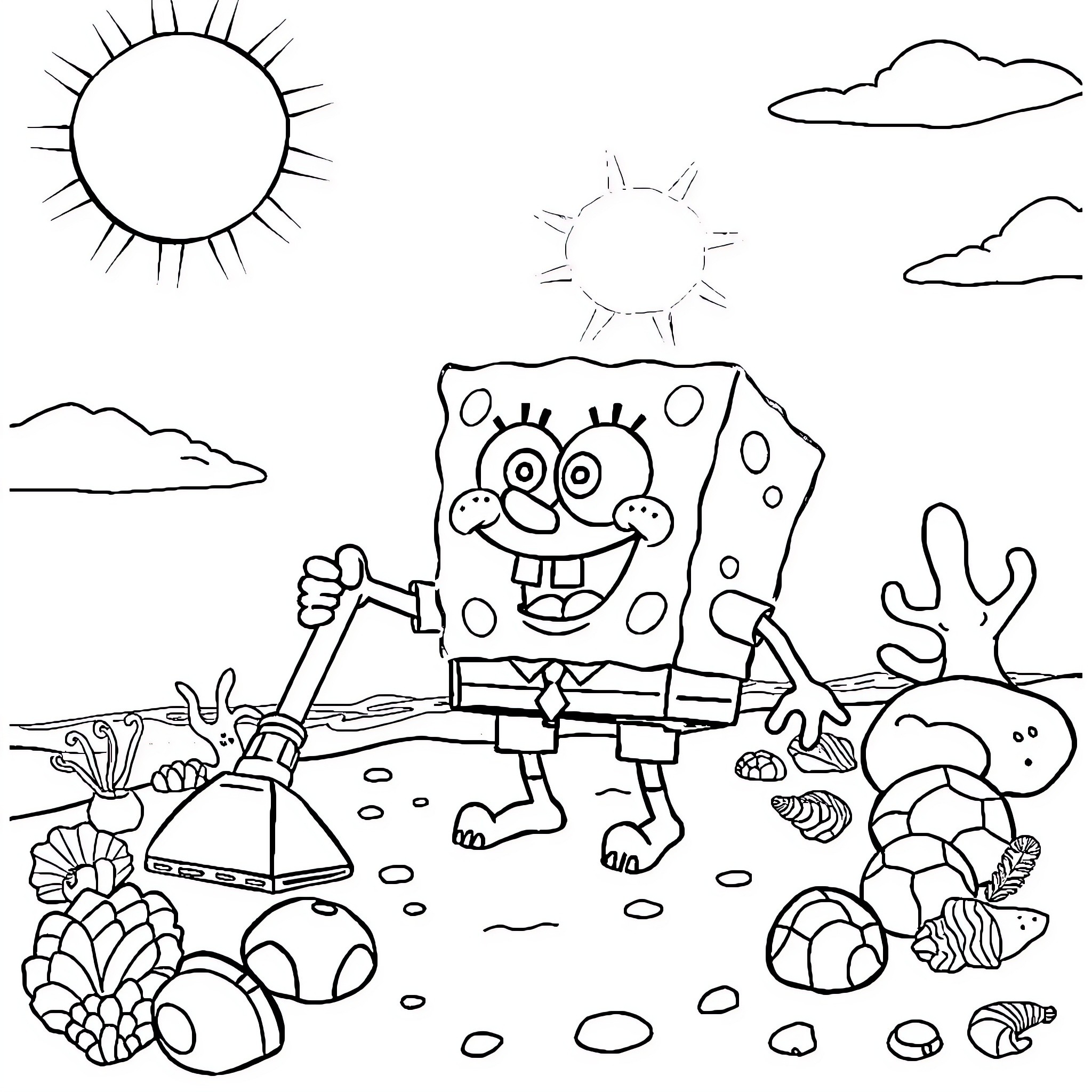 Spongebob enjoying a sunny day at the beach Coloring Page (free black-and-white line drawing printable PDF for all, from beginners to advanced learners, including children, teens, adults, and seniors)