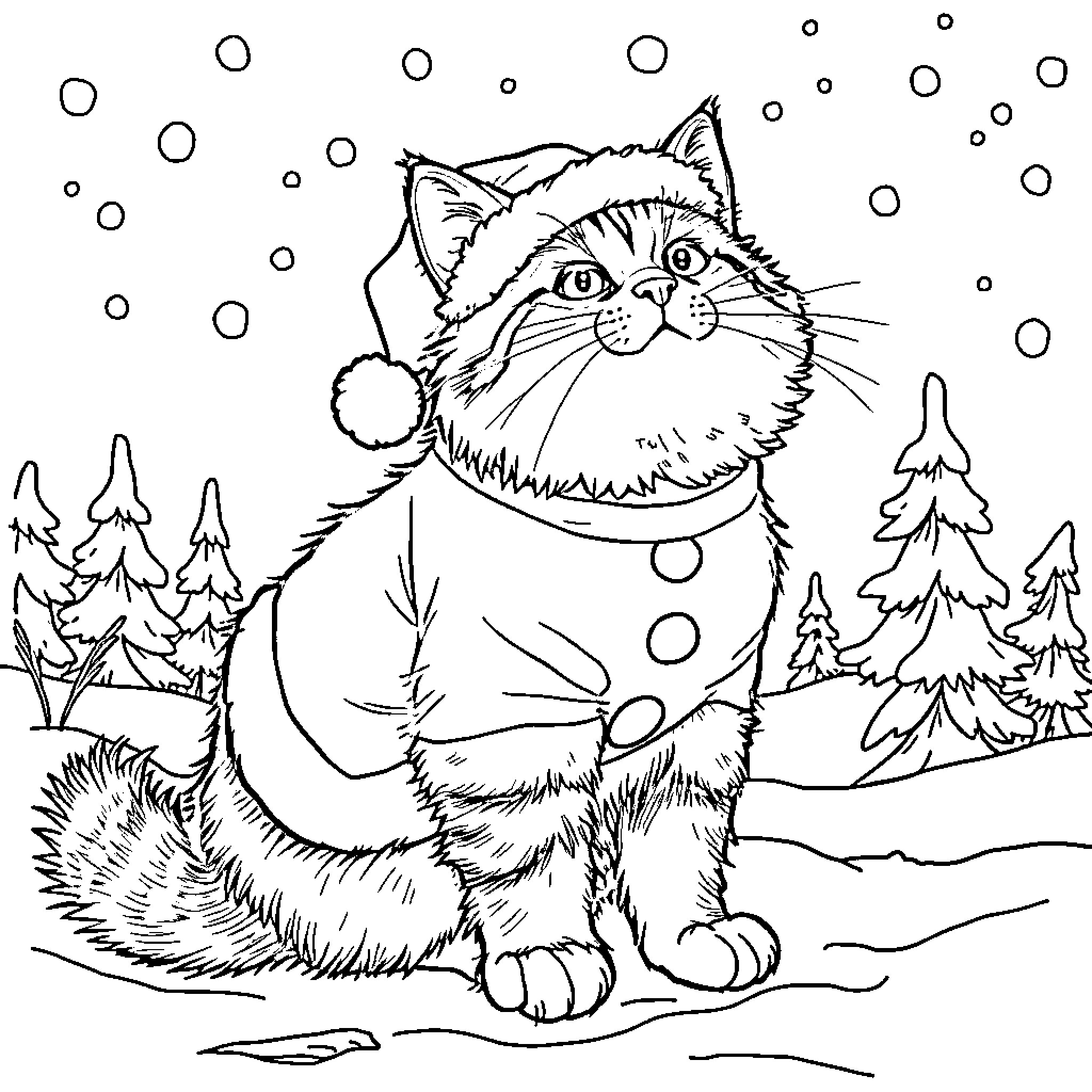Tabby Cat in Winter Wonderland Coloring Page (free black-and-white line drawing printable PDF for all, from beginners to advanced learners, including children, teens, adults, and seniors)