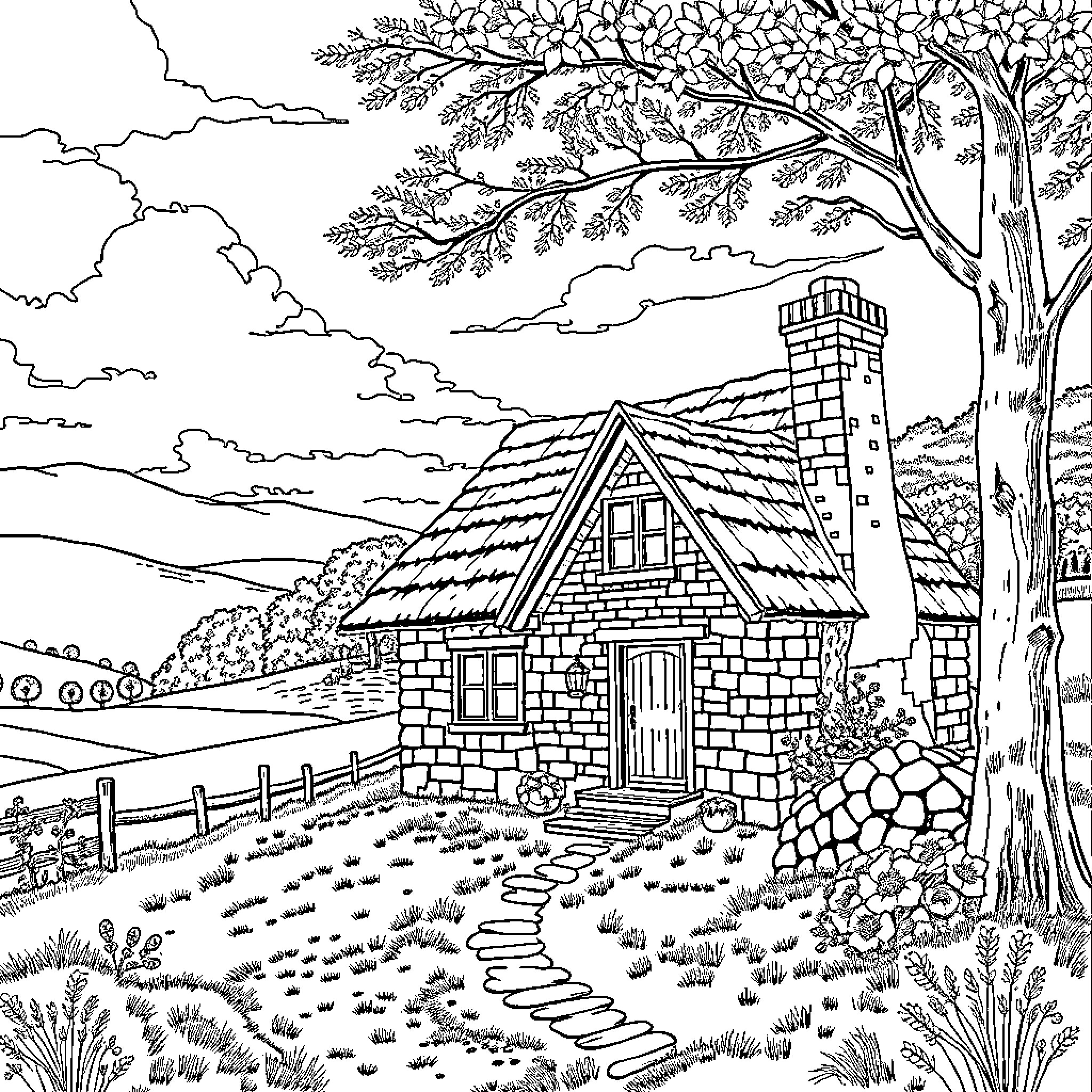 Yorkshire Countryside Cottage with Scenic Landscape Coloring Page (free black-and-white line drawing printable PDF for all, from beginners to advanced learners, including children, teens, adults, and seniors)