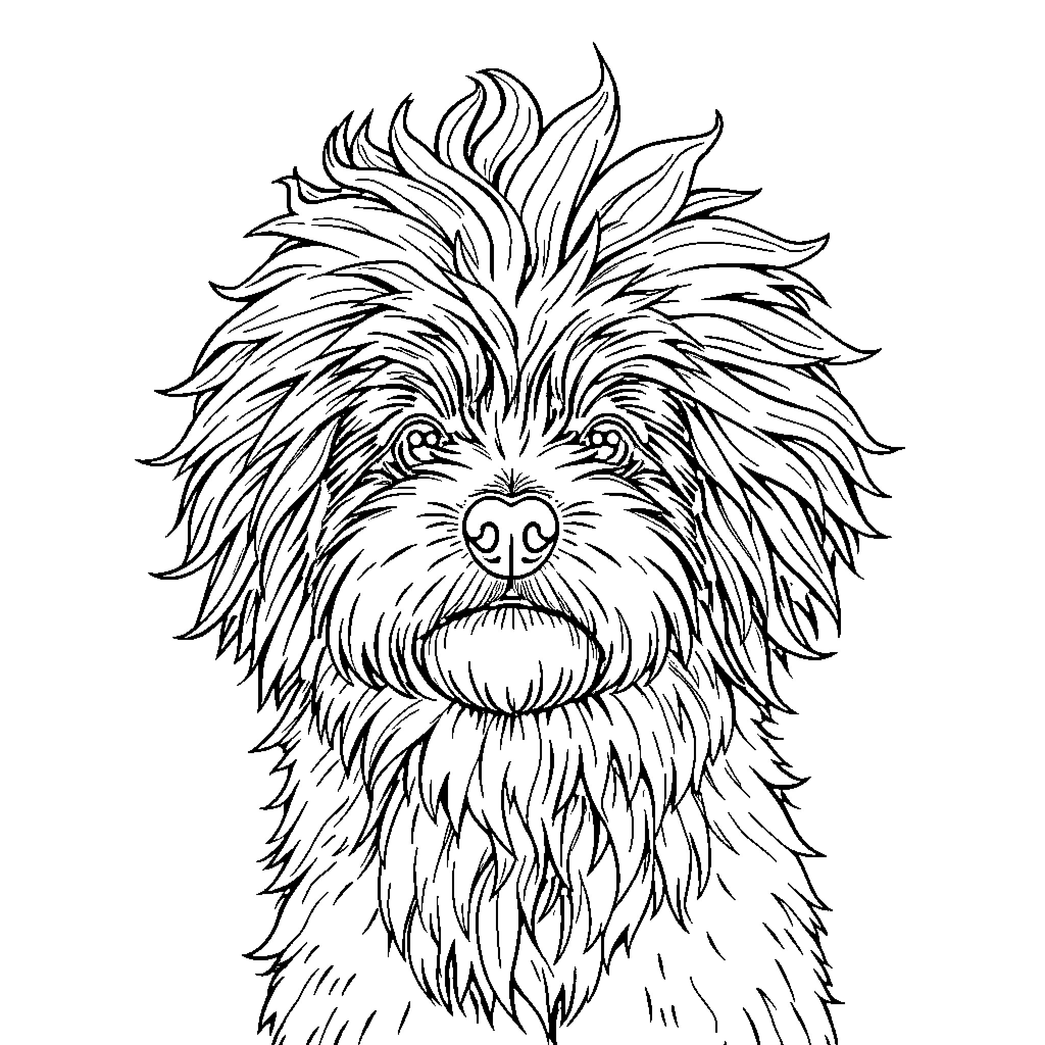 Dog with fluffy fur looking up Coloring Page (free black-and-white line drawing printable PDF for all, from beginners to advanced learners, including children, teens, adults, and seniors)