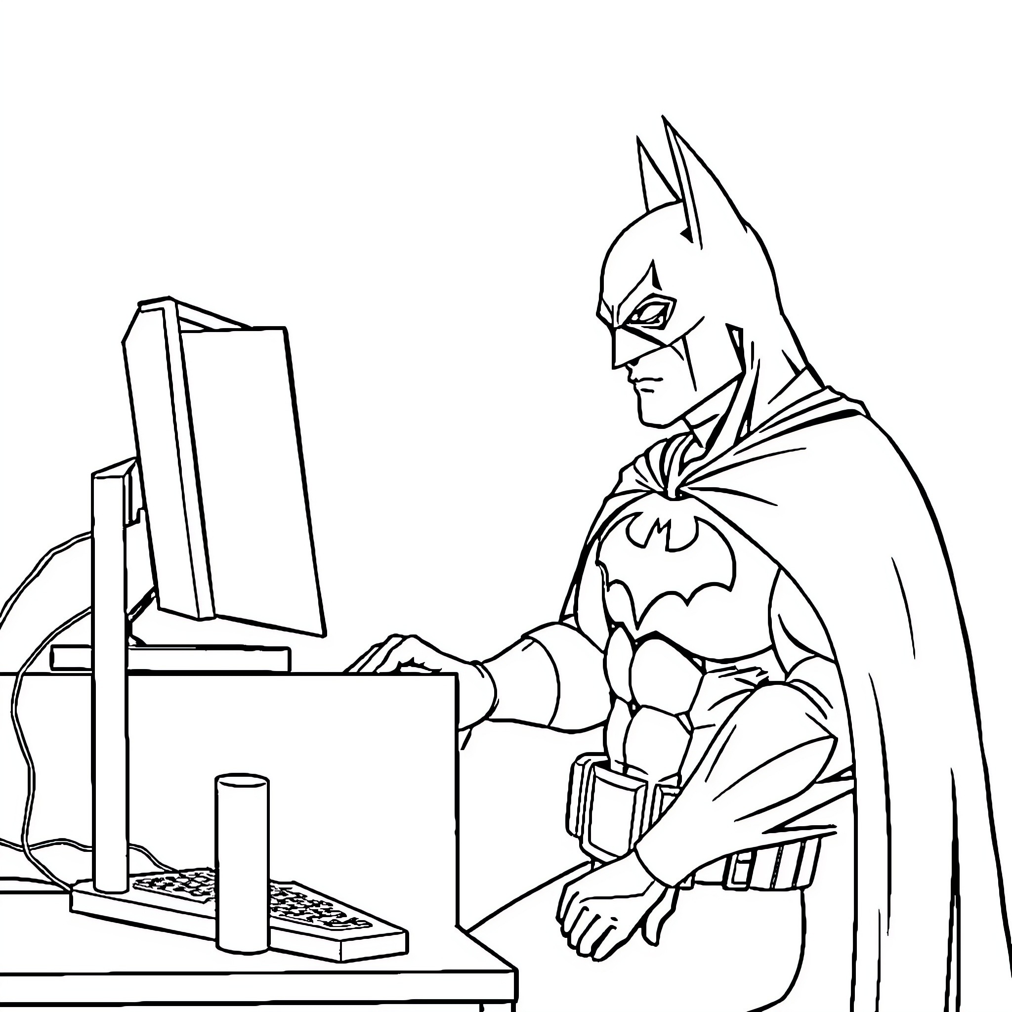 Batman working diligently at his computer Coloring Page (free black-and-white line drawing printable PDF for all, from beginners to advanced learners, including children, teens, adults, and seniors)