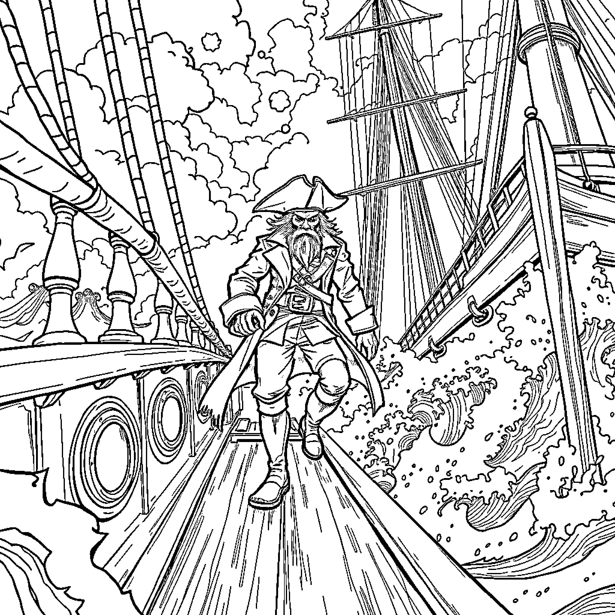 Buccaneer commanding a pirate ship in a stormy sea Coloring Page (free black-and-white line drawing printable PDF for all, from beginners to advanced learners, including children, teens, adults, and seniors)