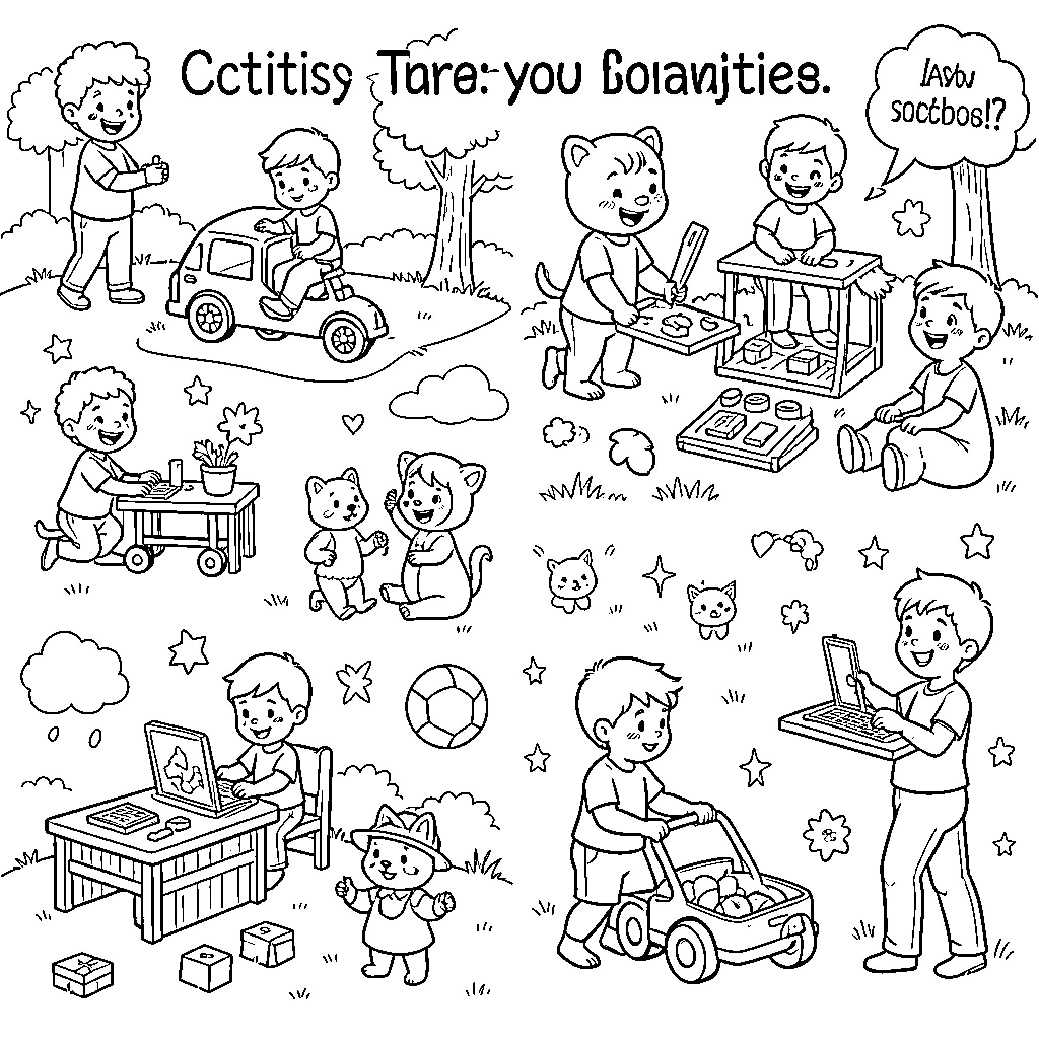 Toddler playing with various toys and animal friends Coloring Page (free black-and-white line drawing printable PDF for all, from beginners to advanced learners, including children, teens, adults, and seniors)