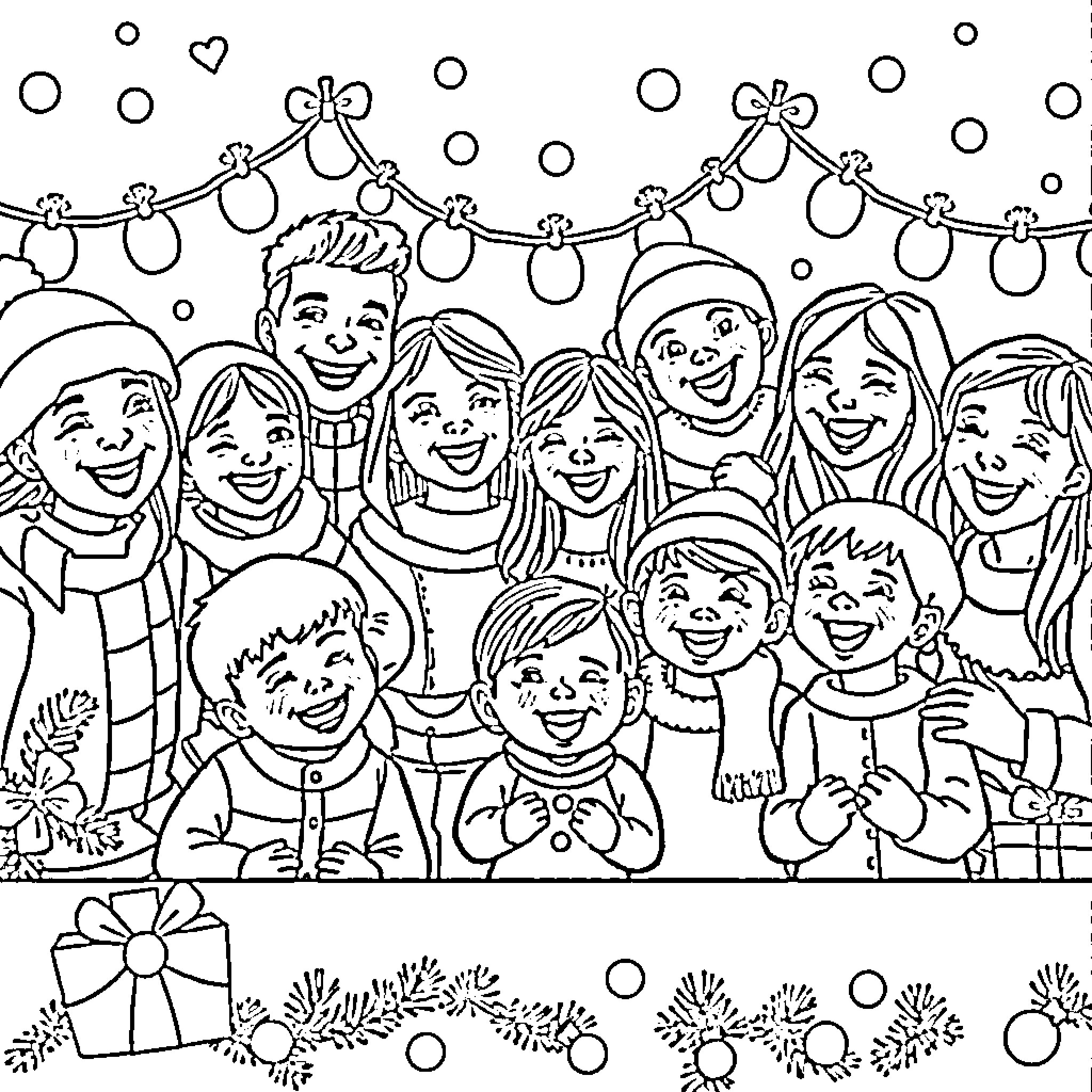 Christmas gathering of cheerful people Coloring Page (free black-and-white line drawing printable PDF for all, from beginners to advanced learners, including children, teens, adults, and seniors)