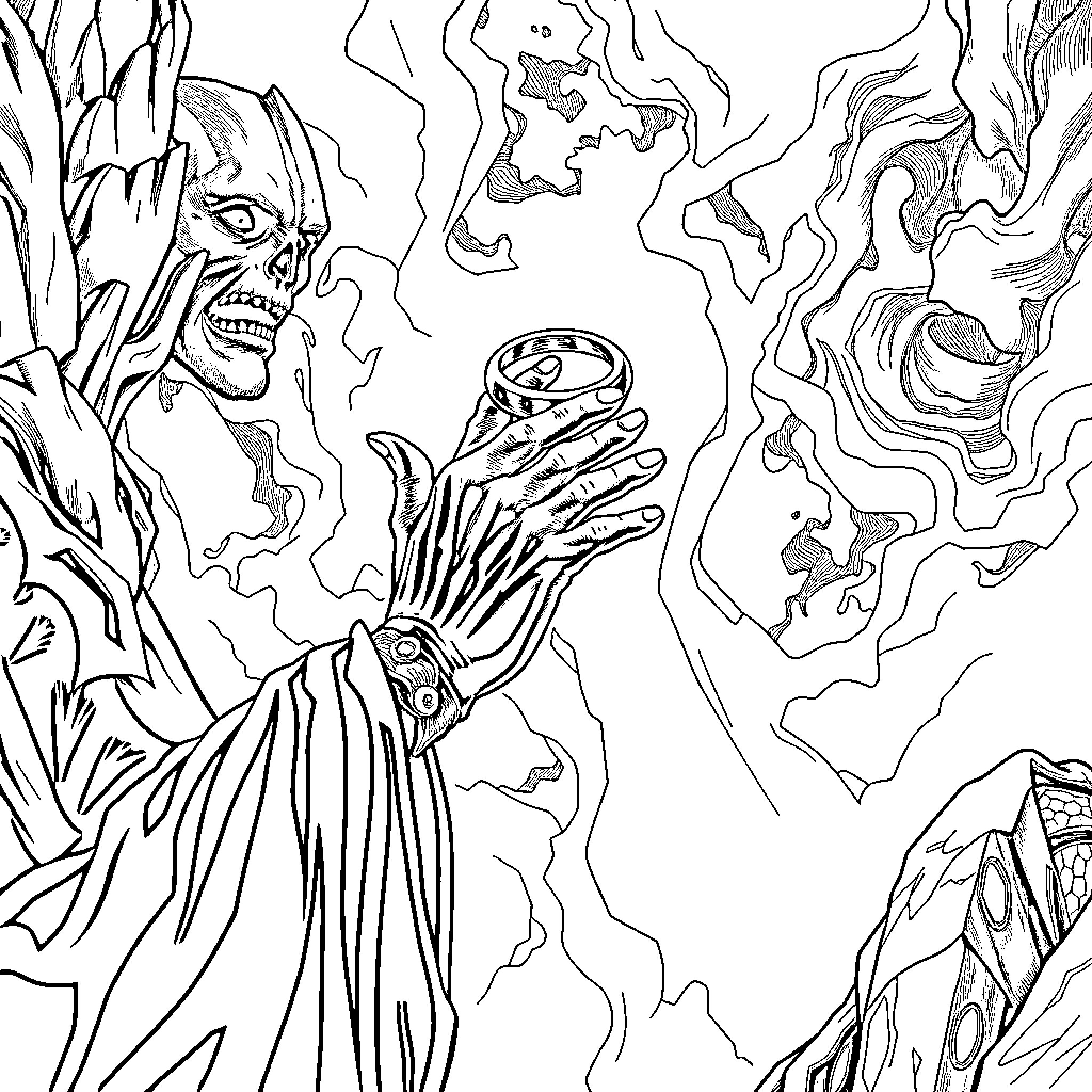 Sauron's Menacing Presence in the Desolate Realm Coloring Page (free black-and-white line drawing printable PDF for all, from beginners to advanced learners, including children, teens, adults, and seniors)
