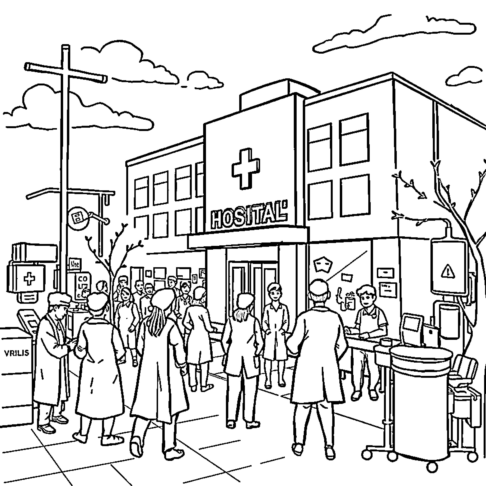 Hospital Scene with Healthcare Workers and Patients Coloring Page (free black-and-white line drawing printable PDF for all, from beginners to advanced learners, including children, teens, adults, and seniors)