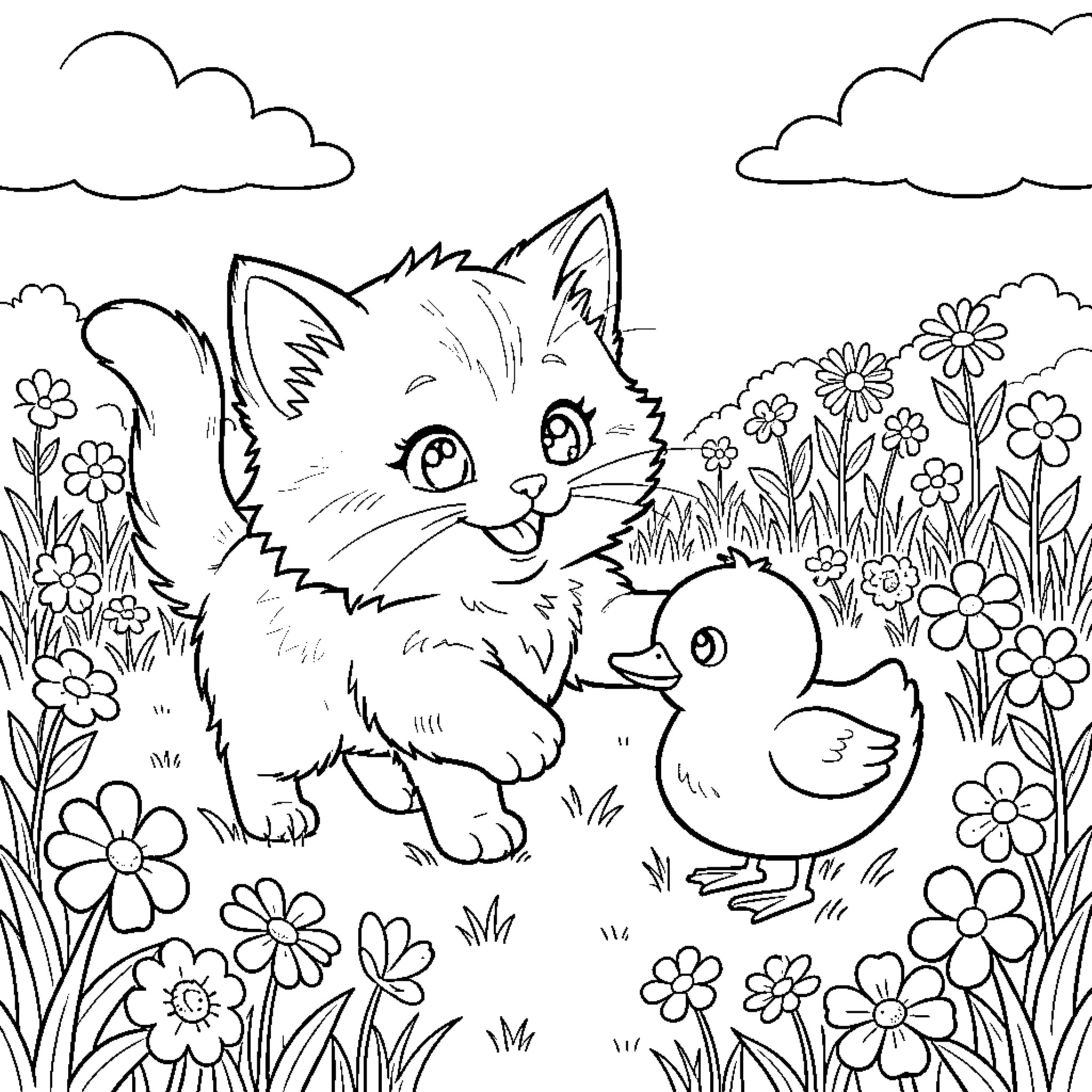 Kitten exploring a flowery field with a duckling Coloring Page (free black-and-white line drawing printable PDF for all, from beginners to advanced learners, including children, teens, adults, and seniors)