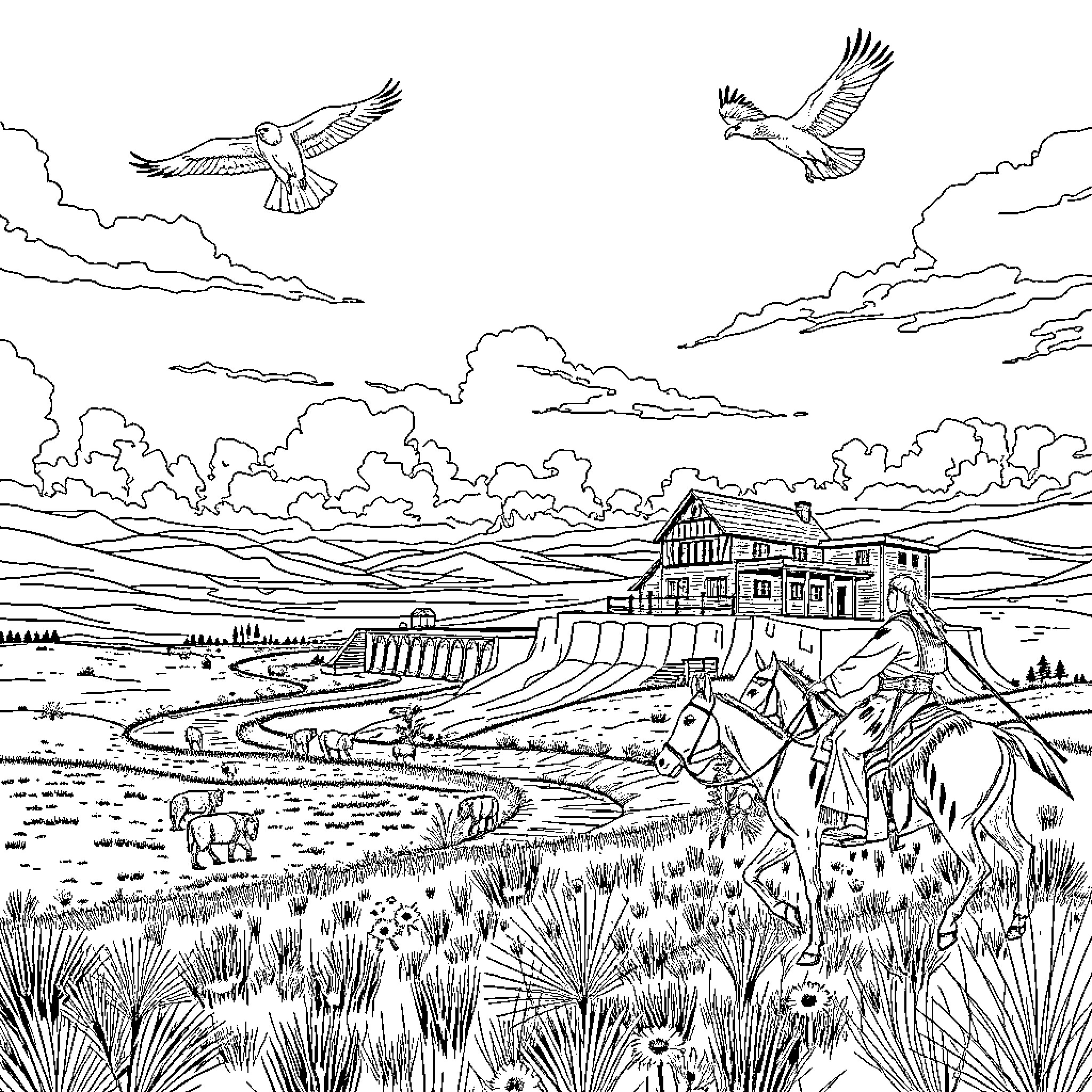 Bison herd grazing in a scenic rural landscape Coloring Page (free black-and-white line drawing printable PDF for all, from beginners to advanced learners, including children, teens, adults, and seniors)