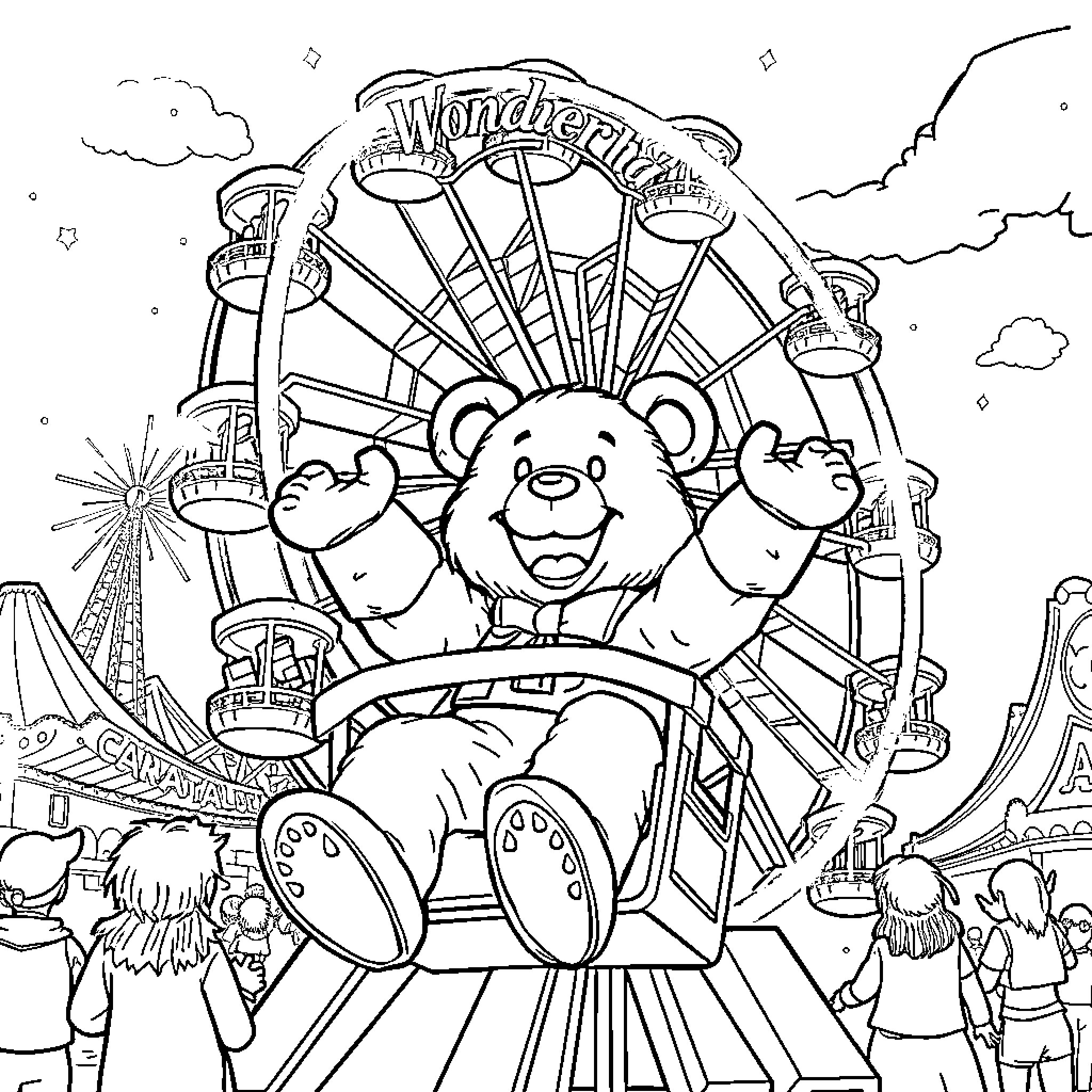 Freddy Fazbear and friends enjoying the carnival rides Coloring Page (free black-and-white line drawing printable PDF for all, from beginners to advanced learners, including children, teens, adults, and seniors)