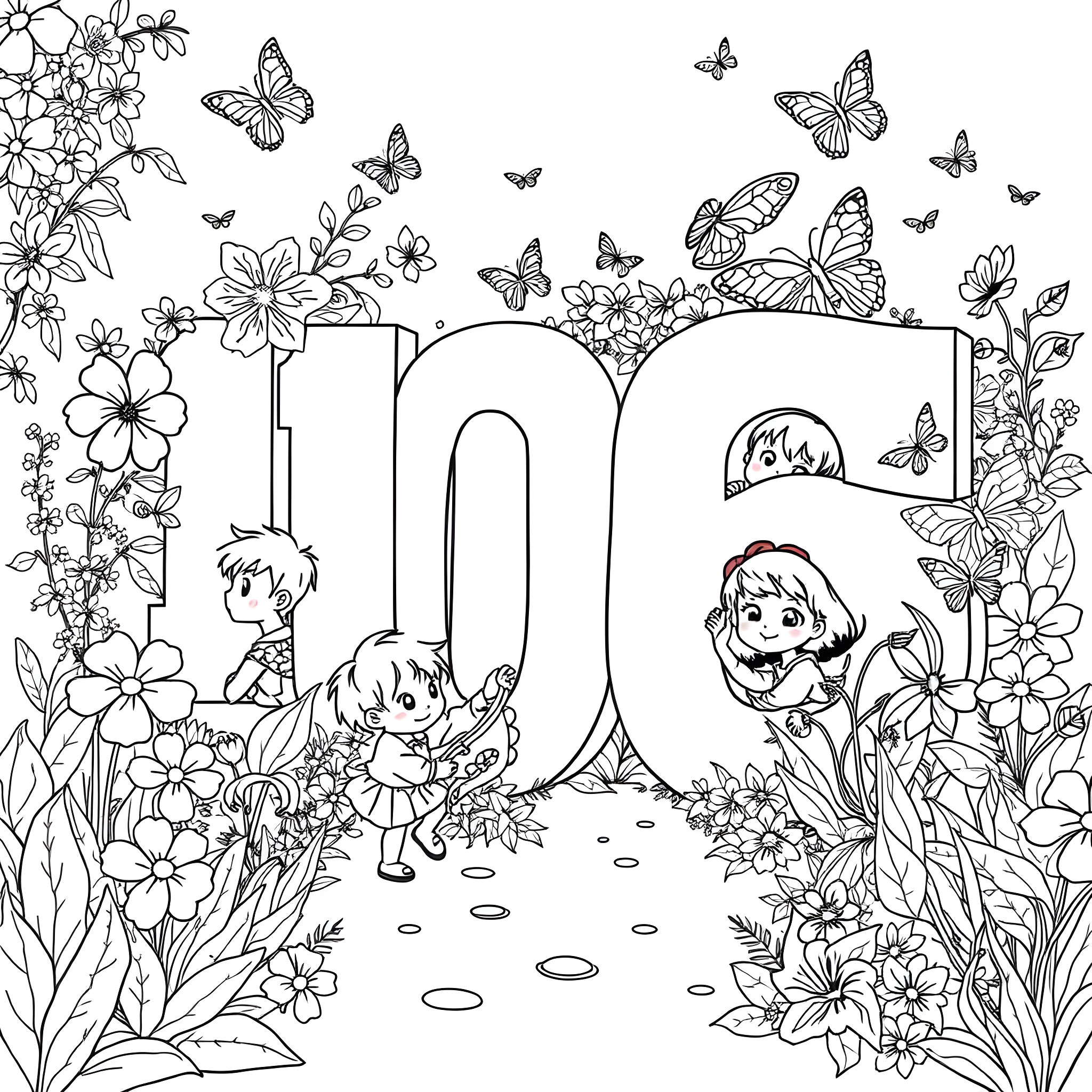 Child playing in a magical floral garden Coloring Page (free black-and-white line drawing printable PDF for all, from beginners to advanced learners, including children, teens, adults, and seniors)