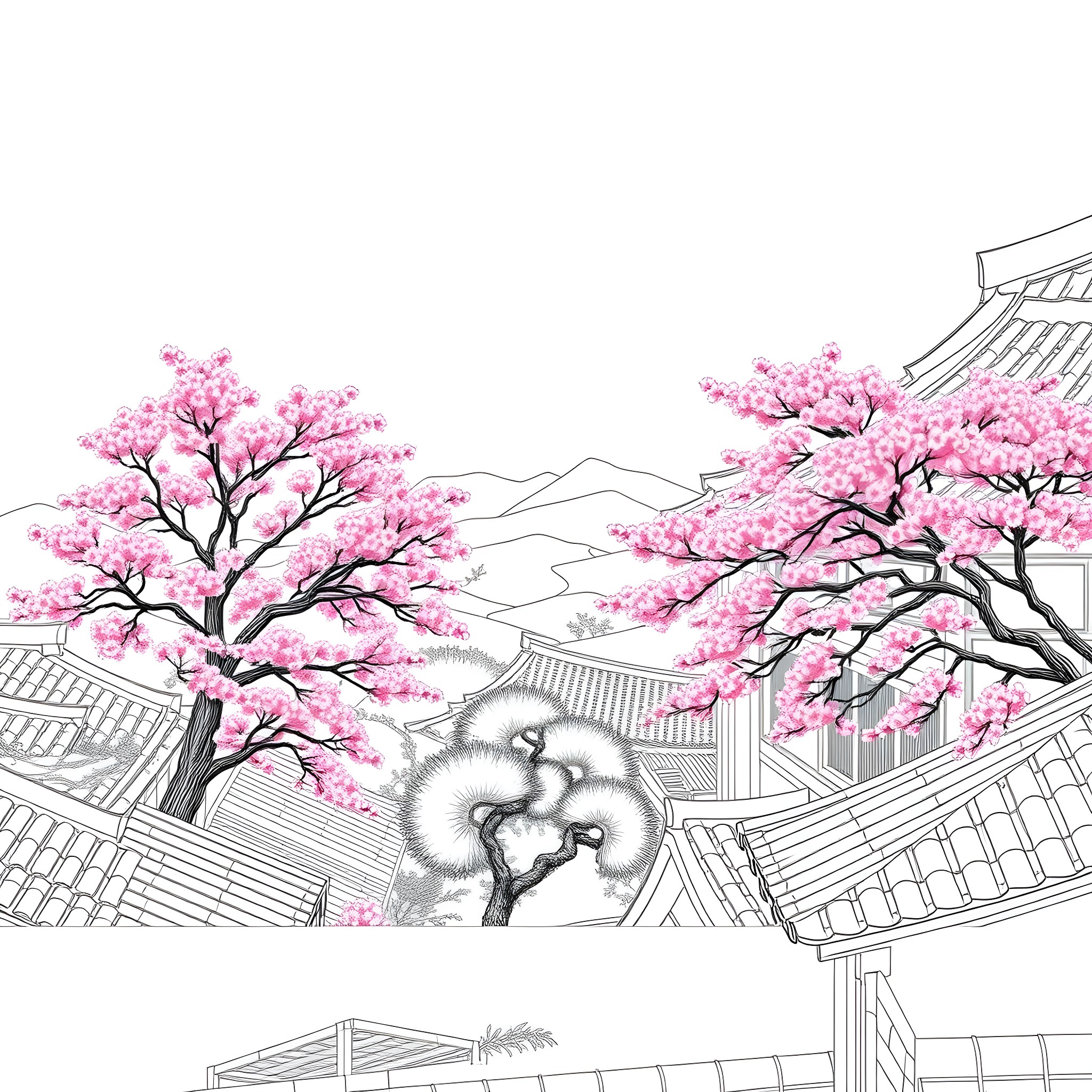 Korea Scenic Cherry Blossom Festival Celebration Coloring Page (free black-and-white line drawing printable PDF for all, from beginners to advanced learners, including children, teens, adults, and seniors)