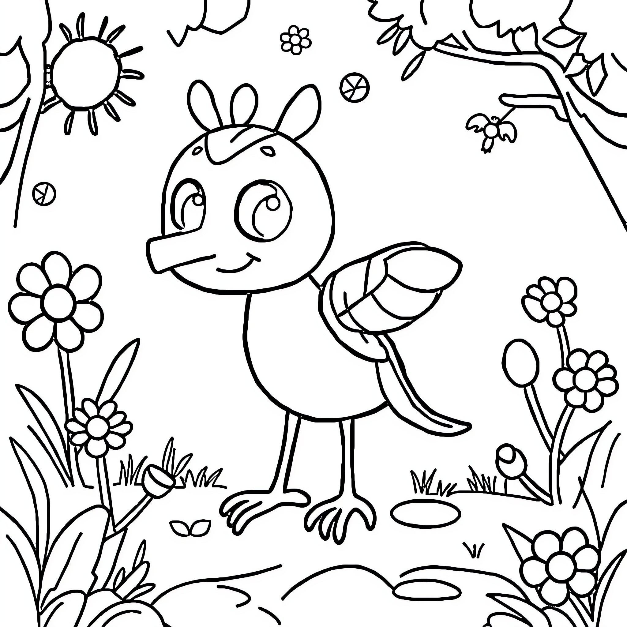 Kids playing in a whimsical garden scene Coloring Page (free black-and-white line drawing printable PDF for all, from beginners to advanced learners, including children, teens, adults, and seniors)