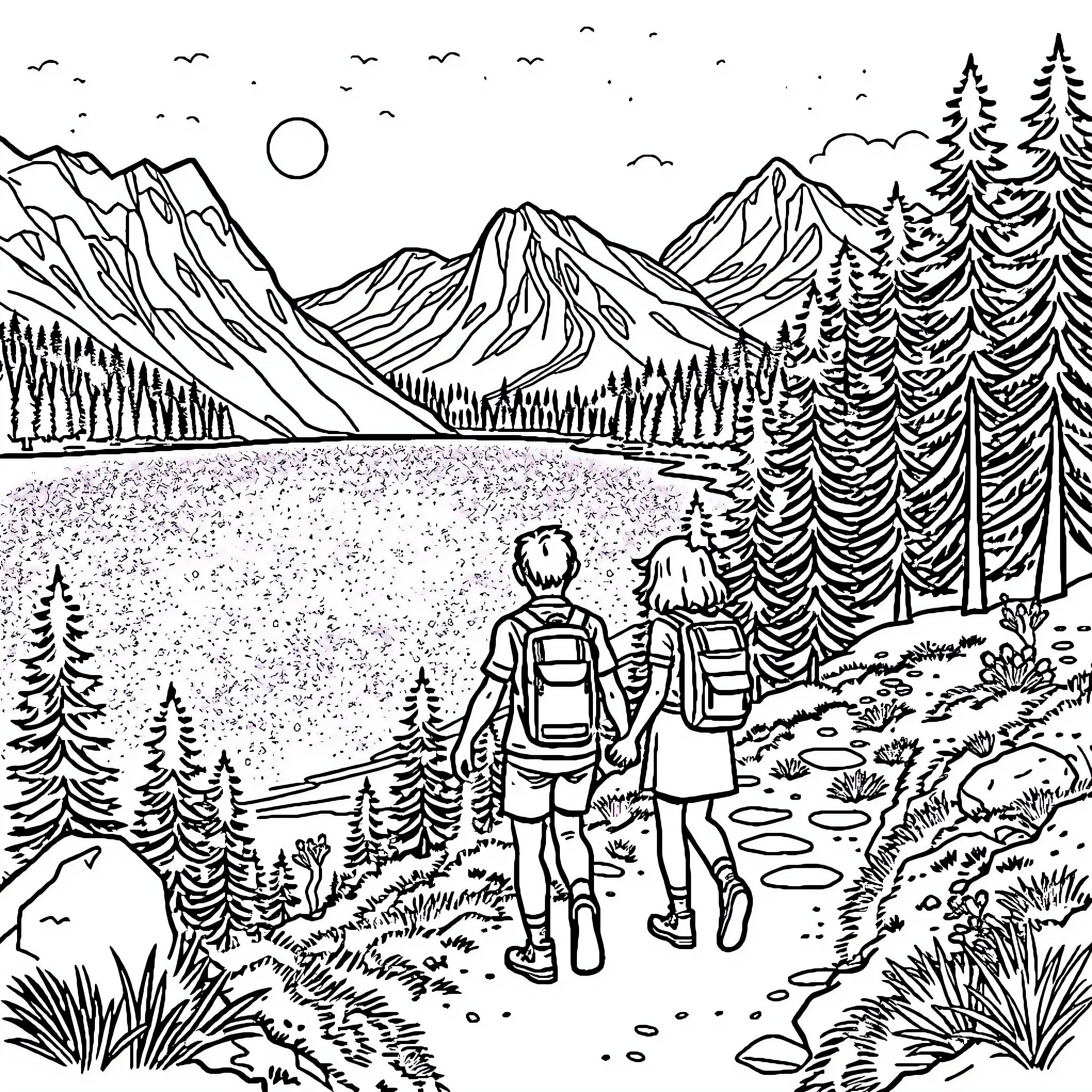 Johnny and Companion Explore Scenic Mountain Trail Coloring Page (free black-and-white line drawing printable PDF for all, from beginners to advanced learners, including children, teens, adults, and seniors)