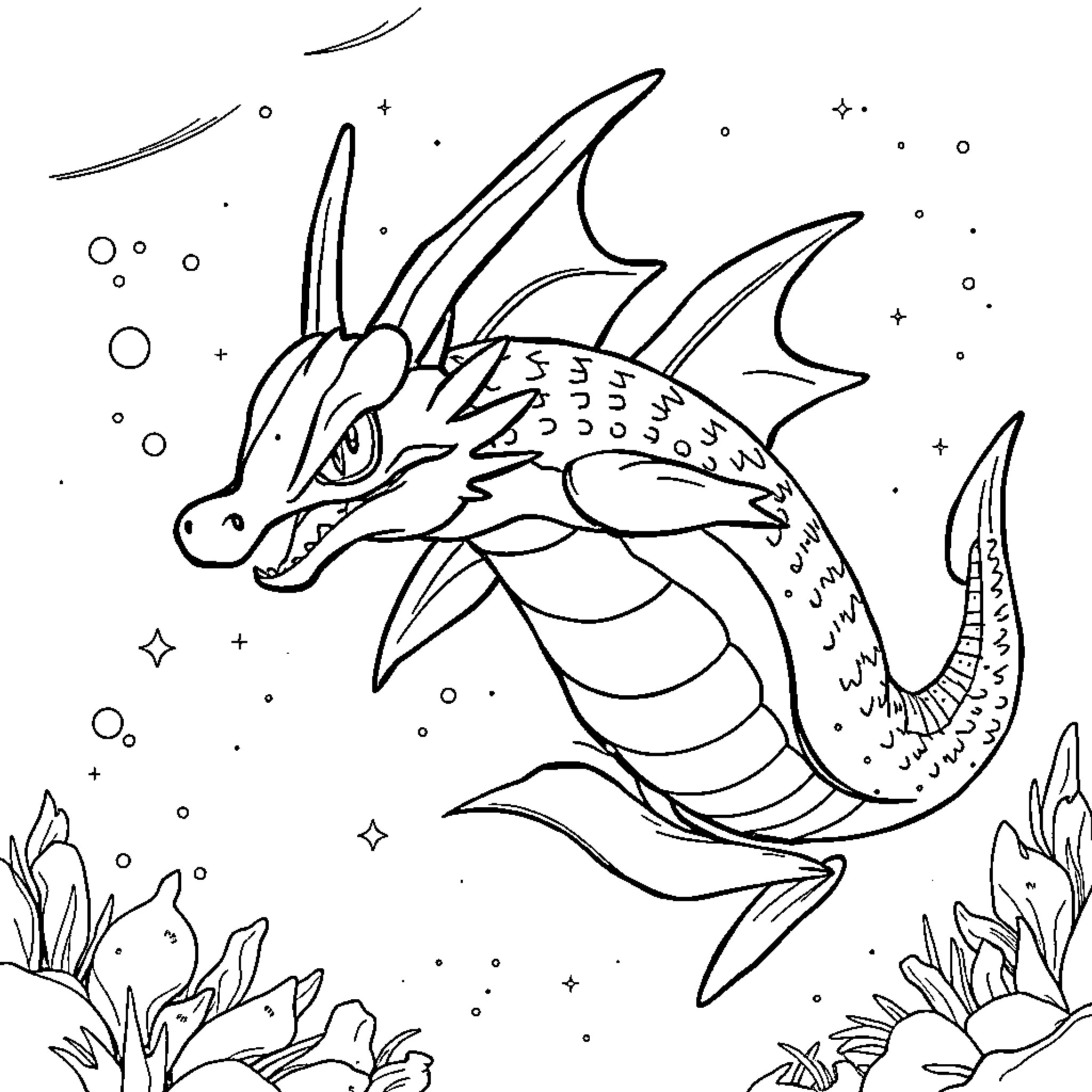 Gyarados swimming gracefully underwater Coloring Page (free black-and-white line drawing printable PDF for all, from beginners to advanced learners, including children, teens, adults, and seniors)
