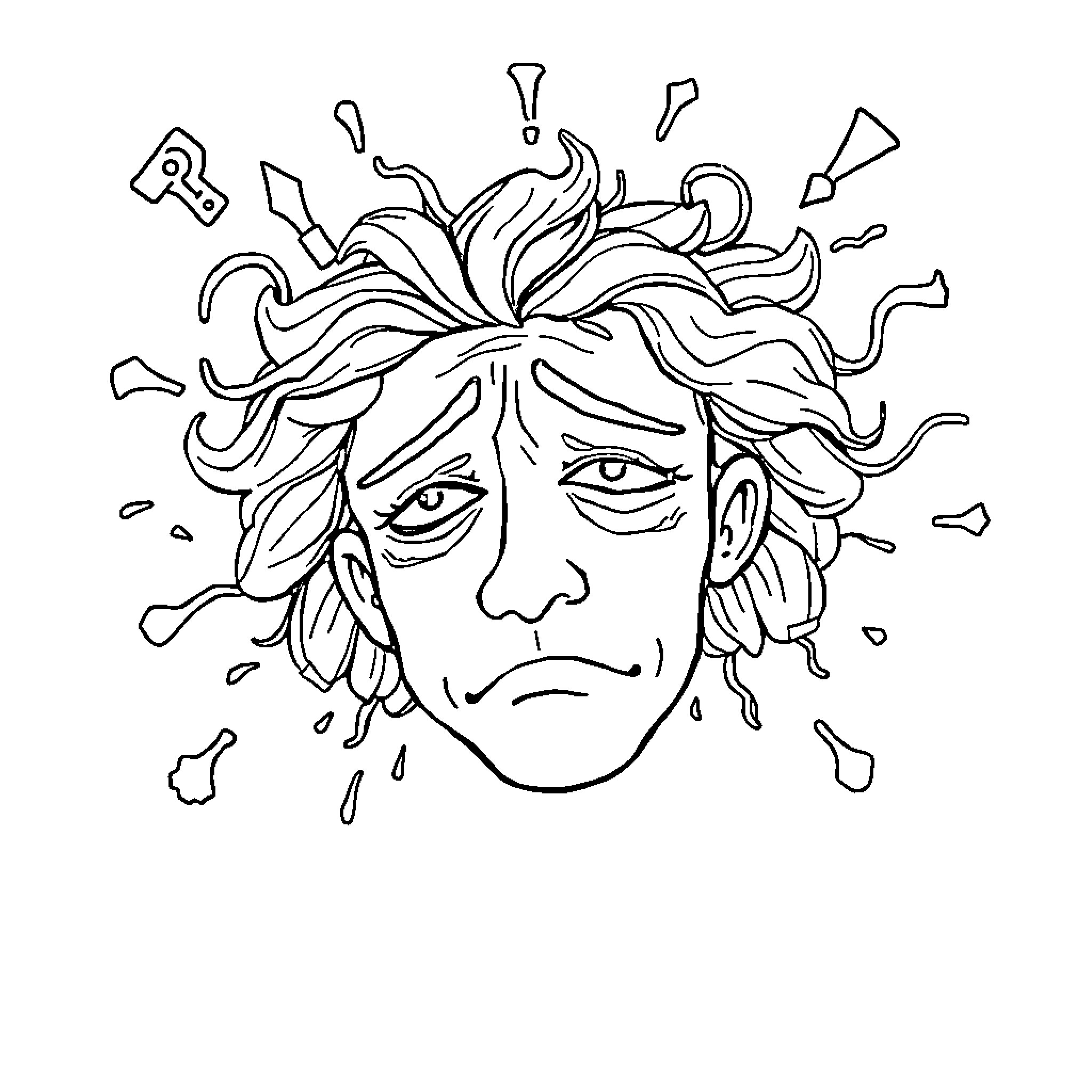 Brainrot: Distressed Facial Expression and Chaotic Thoughts Coloring Page (free black-and-white line drawing printable PDF for all, from beginners to advanced learners, including children, teens, adults, and seniors)