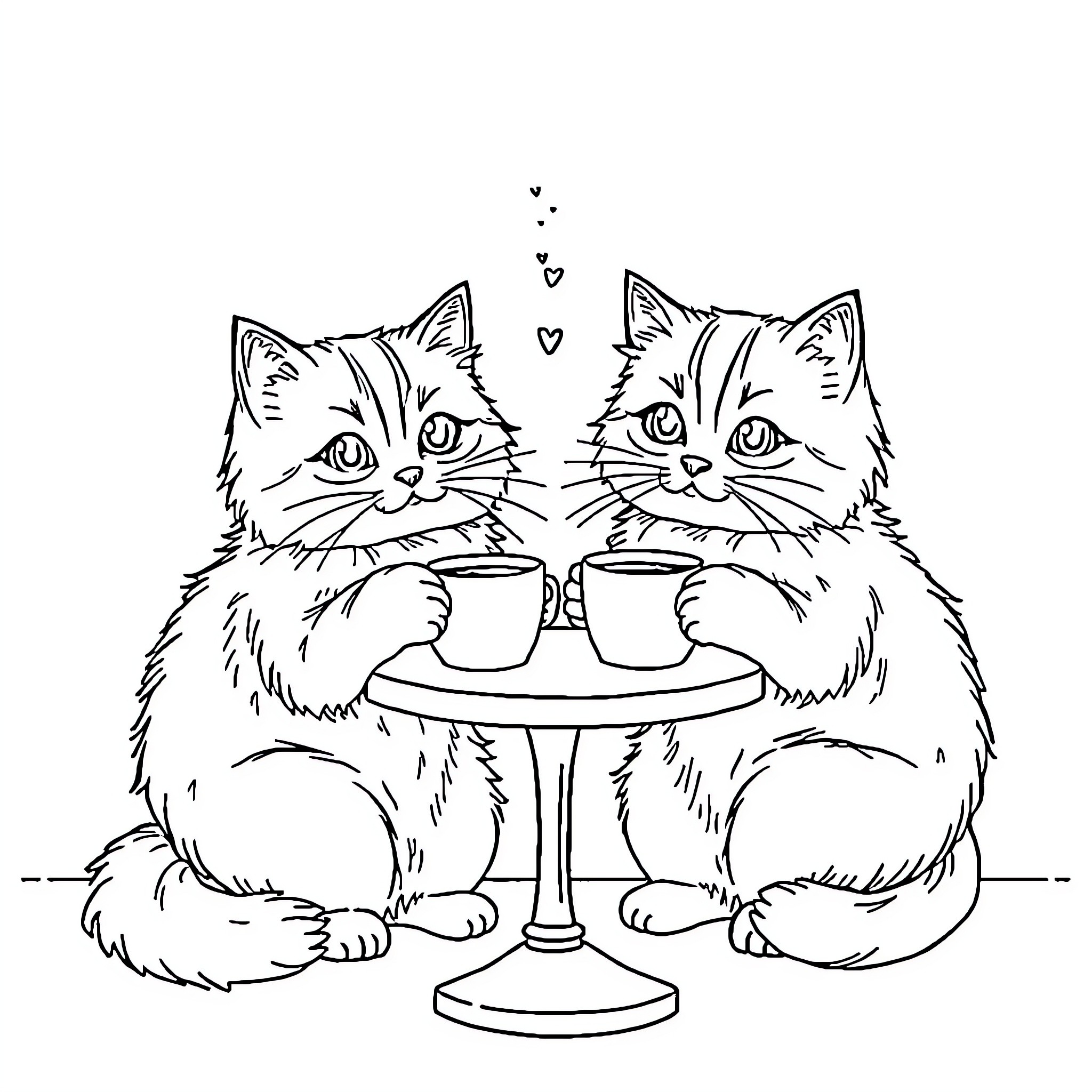 Cat Companions Sharing a Cozy Drink Coloring Page (free black-and-white line drawing printable PDF for all, from beginners to advanced learners, including children, teens, adults, and seniors)