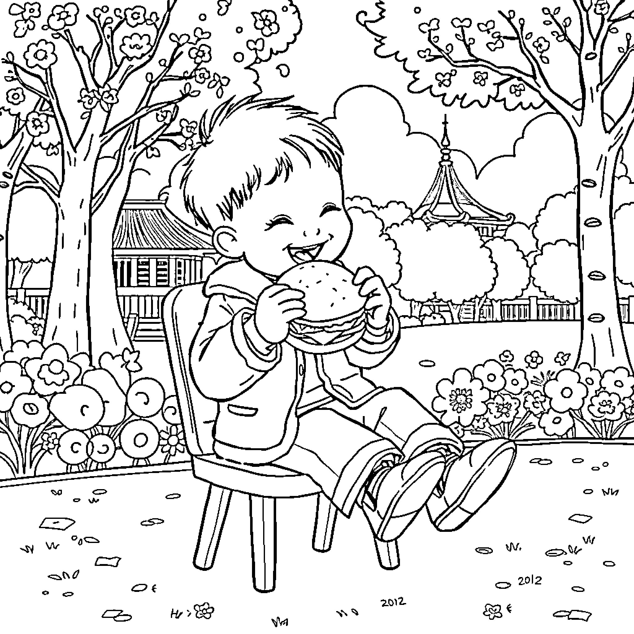 Child Enjoying a Snack in a Whimsical Park Coloring Page (free black-and-white line drawing printable PDF for all, from beginners to advanced learners, including children, teens, adults, and seniors)